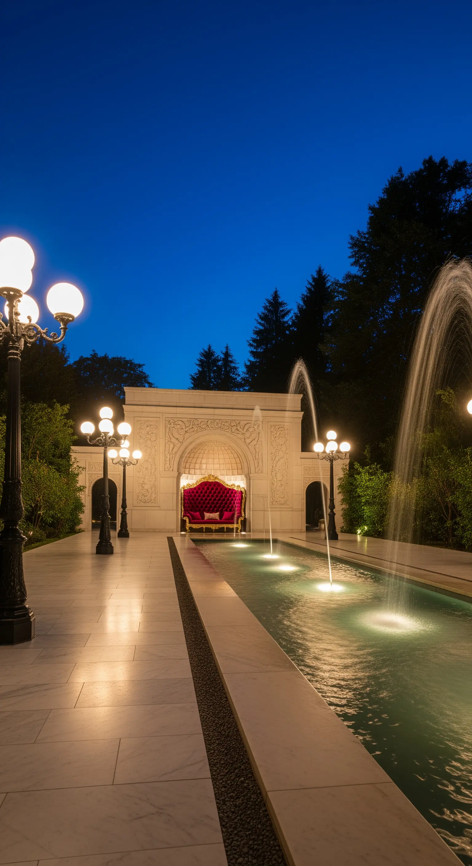 Patio formale in marmo bianco con una lunga fontana, lampioni eleganti e una poltrona rossa in una nicchia