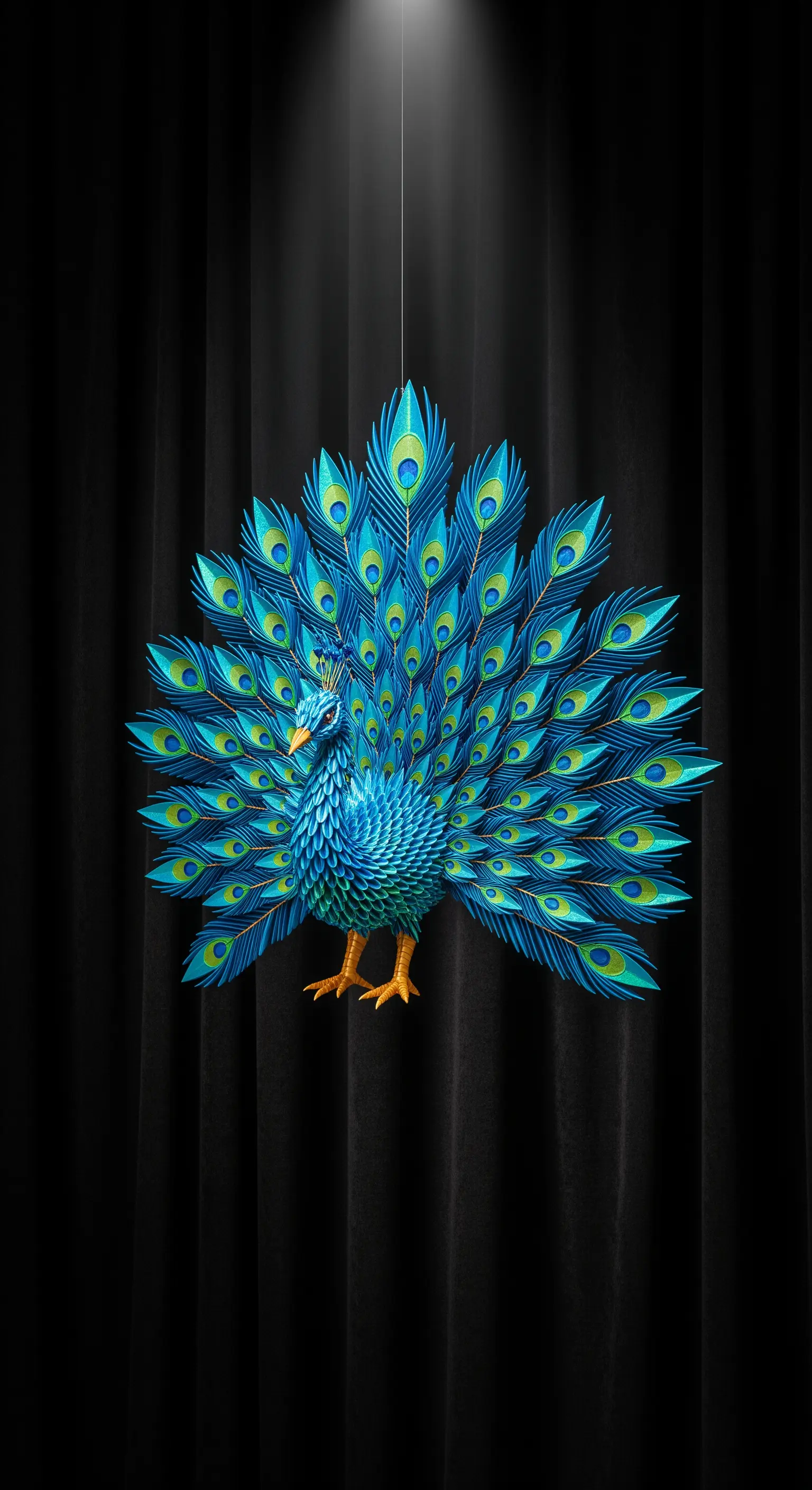 Pavone di origami blu e verde con una complessa ruota di piume, su sfondo nero.