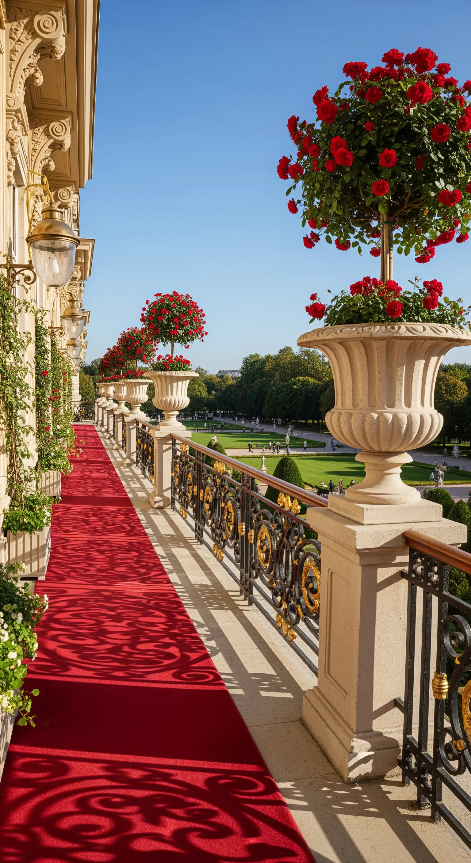 Lungo balcone con tappeto rosso, ringhiera dorata e vasi con rose rosse ad alberello.