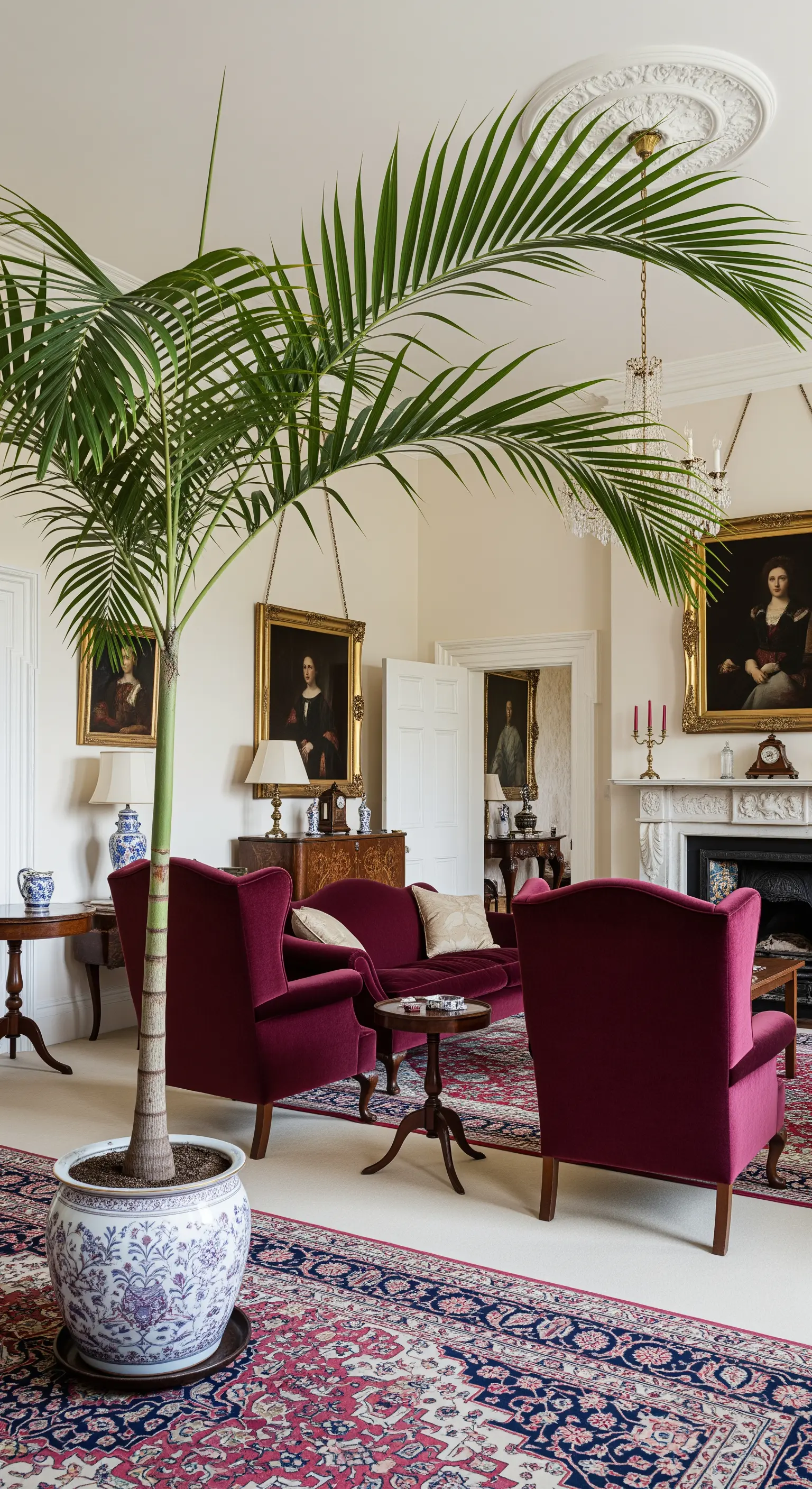 Palma Kentia in un vaso di porcellana in un salotto classico con divani in velluto bordeaux.