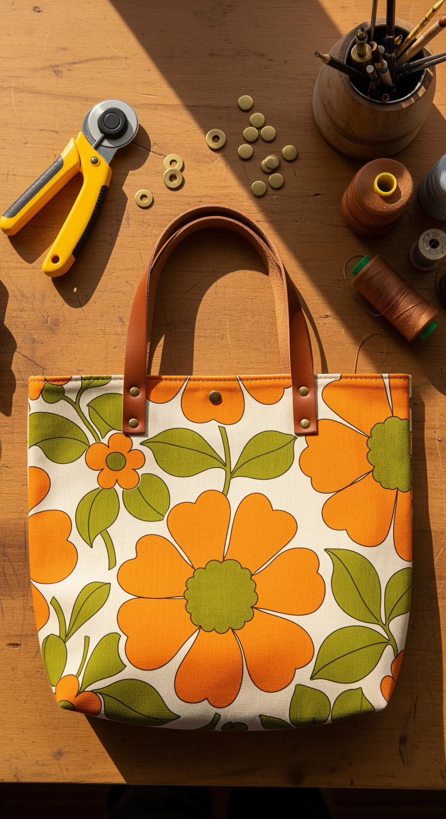 Borsa shopper fai-da-te con tessuto floreale anni '70 e manici in pelle.