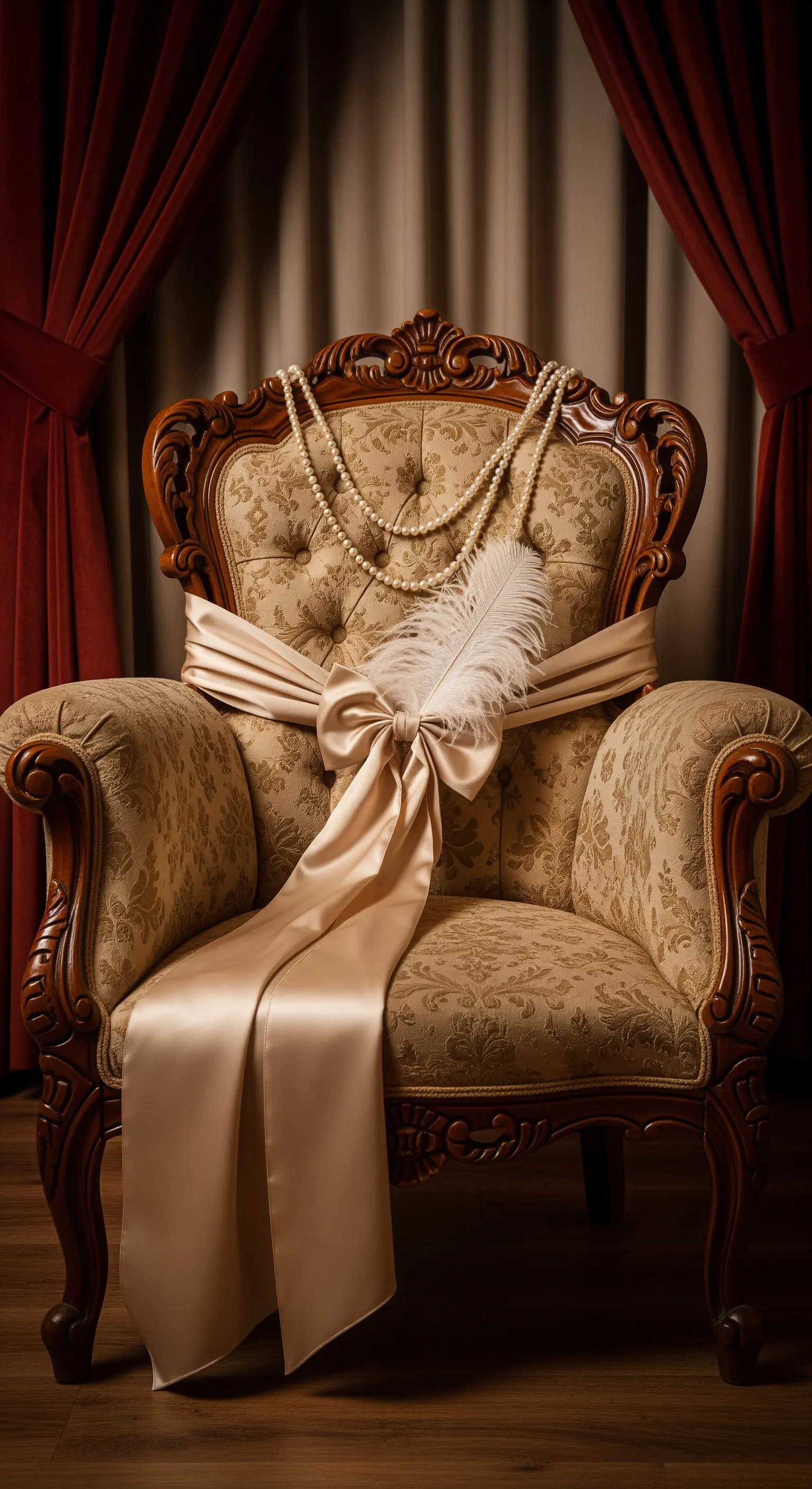 Poltrona barocca decorata con un grande fiocco di raso, una collana di perle e una piuma bianca.