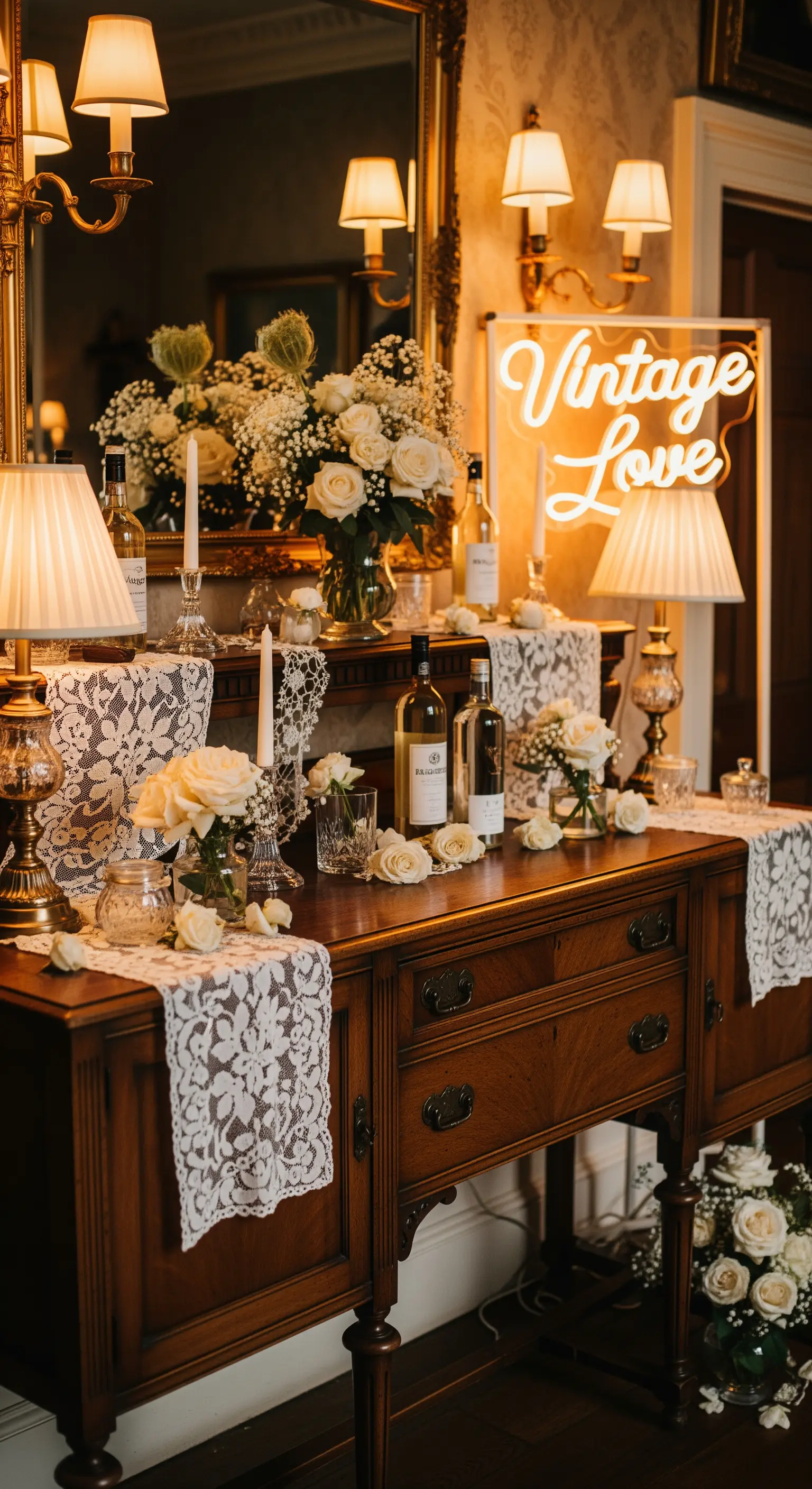 Credenza antica usata come bar con decorazioni in pizzo e insegna 