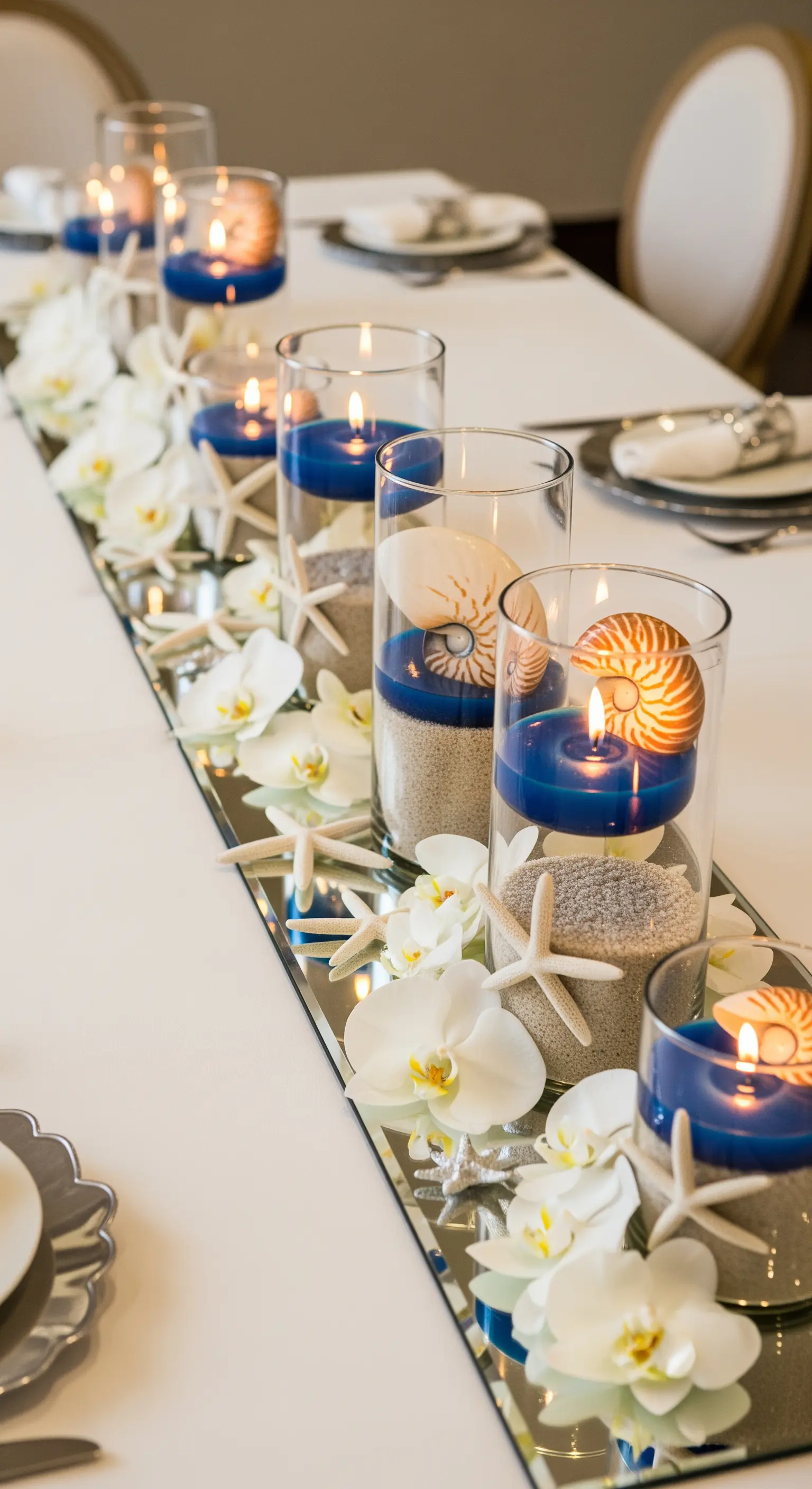 Tavola da cerimonia con runner a specchio, candele galleggianti, orchidee bianche e stelle marine.