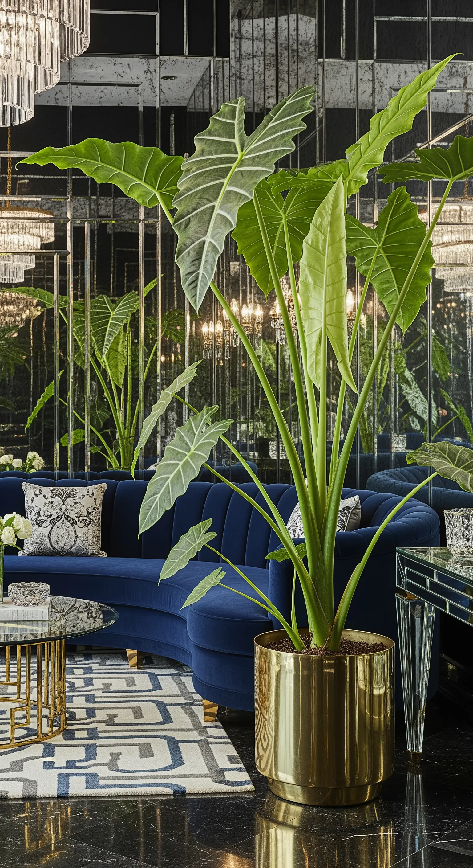 Alocasia in un vaso dorato riflessa su una parete a specchio dietro un divano in velluto blu.