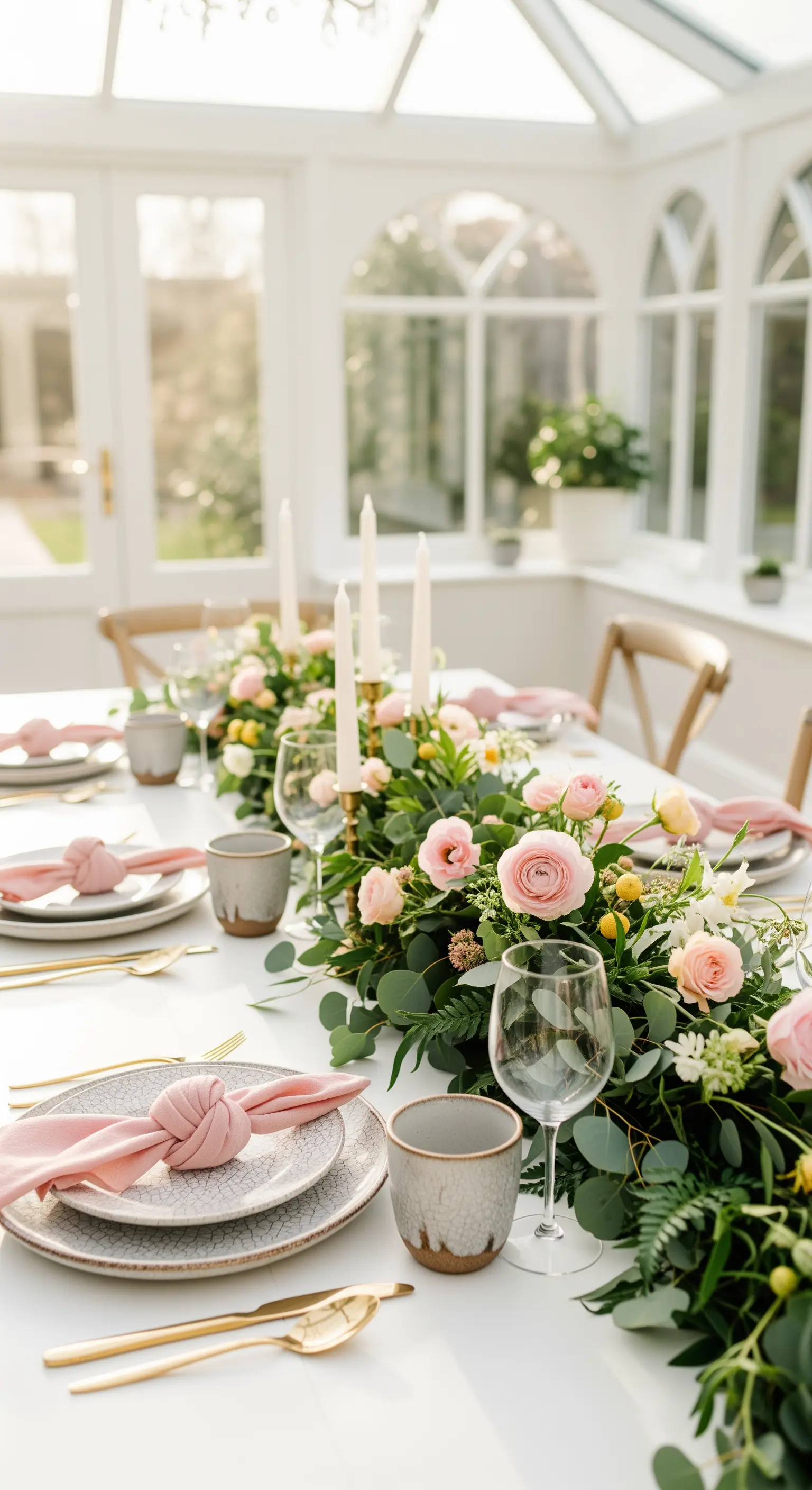 Tavola elegante in veranda con runner floreale rosa e verde, posate dorate e candele