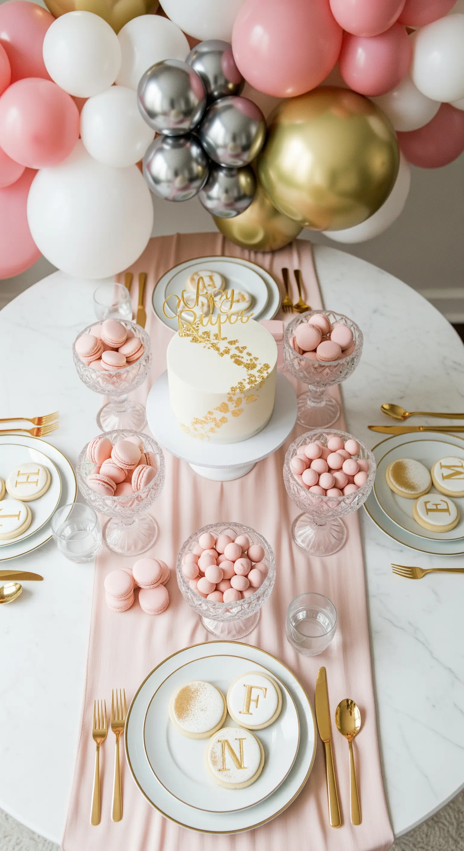 Tavola elegante rosa e oro con macarons, torta con dettagli dorati e palloncini coordinati.