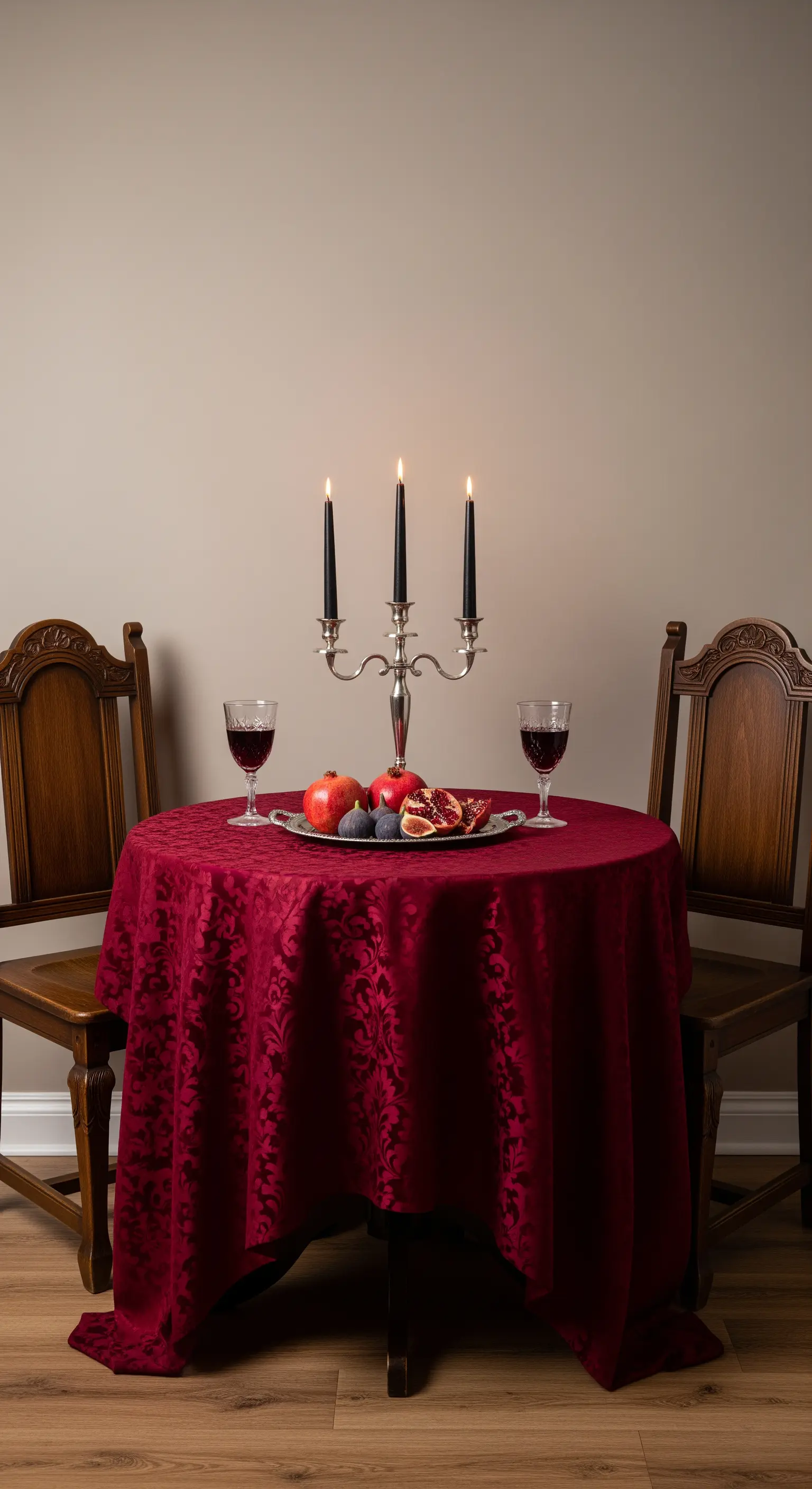 Tavolino per due con tovaglia damascata rossa, candelabro d'argento e frutta scura.