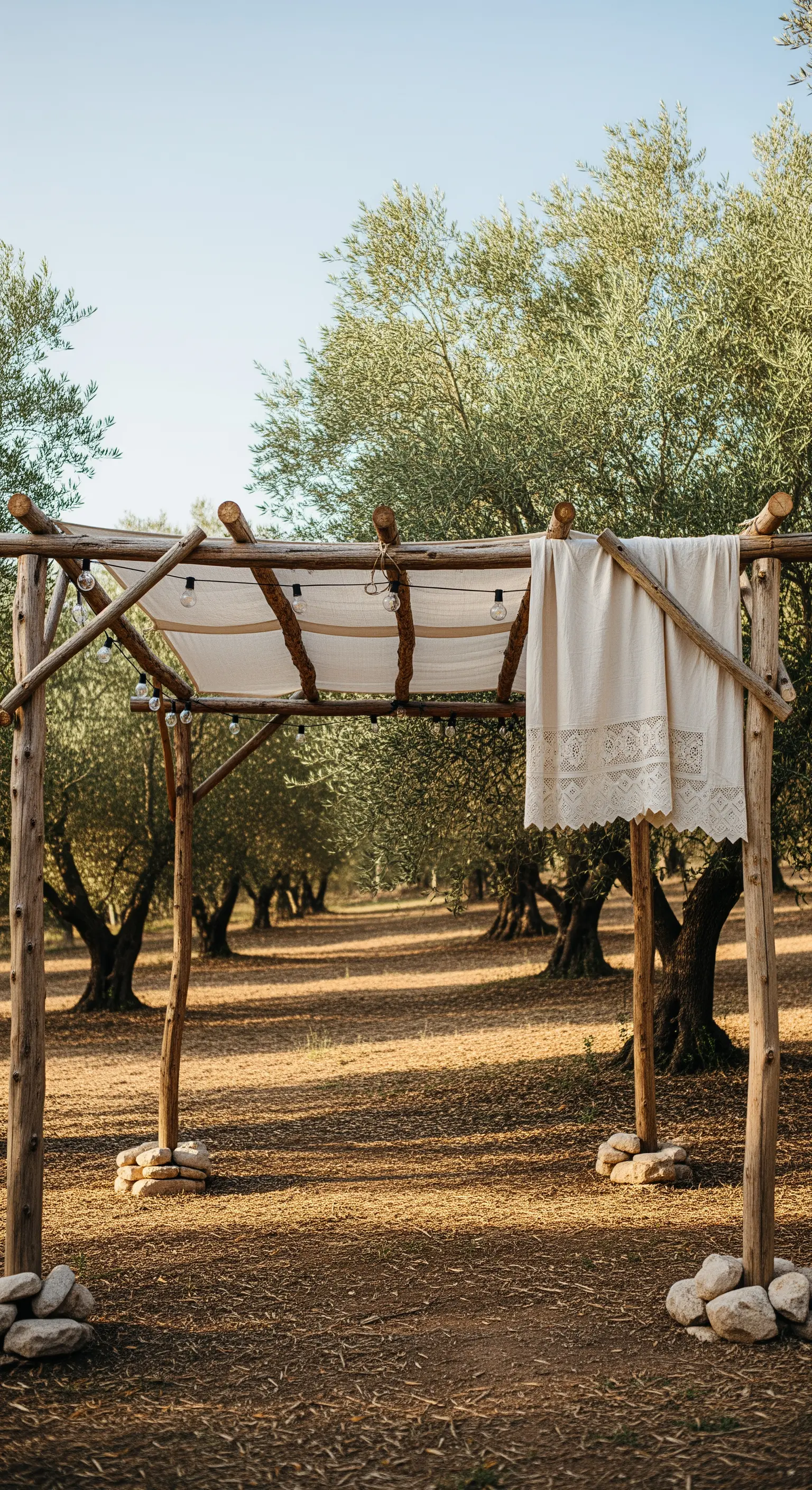 Pergolato rustico in un uliveto con un telo di cotone e pizzo.