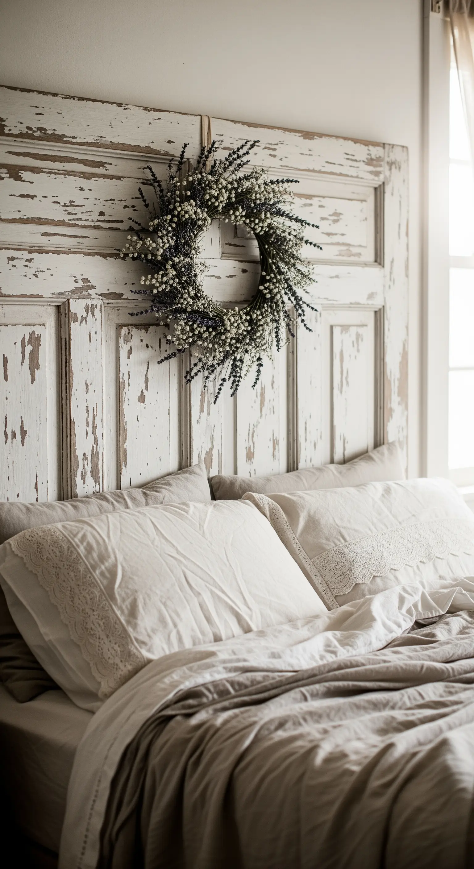 Testiera shabby chic ricavata da una porta bianca scrostata con ghirlanda di lavanda.