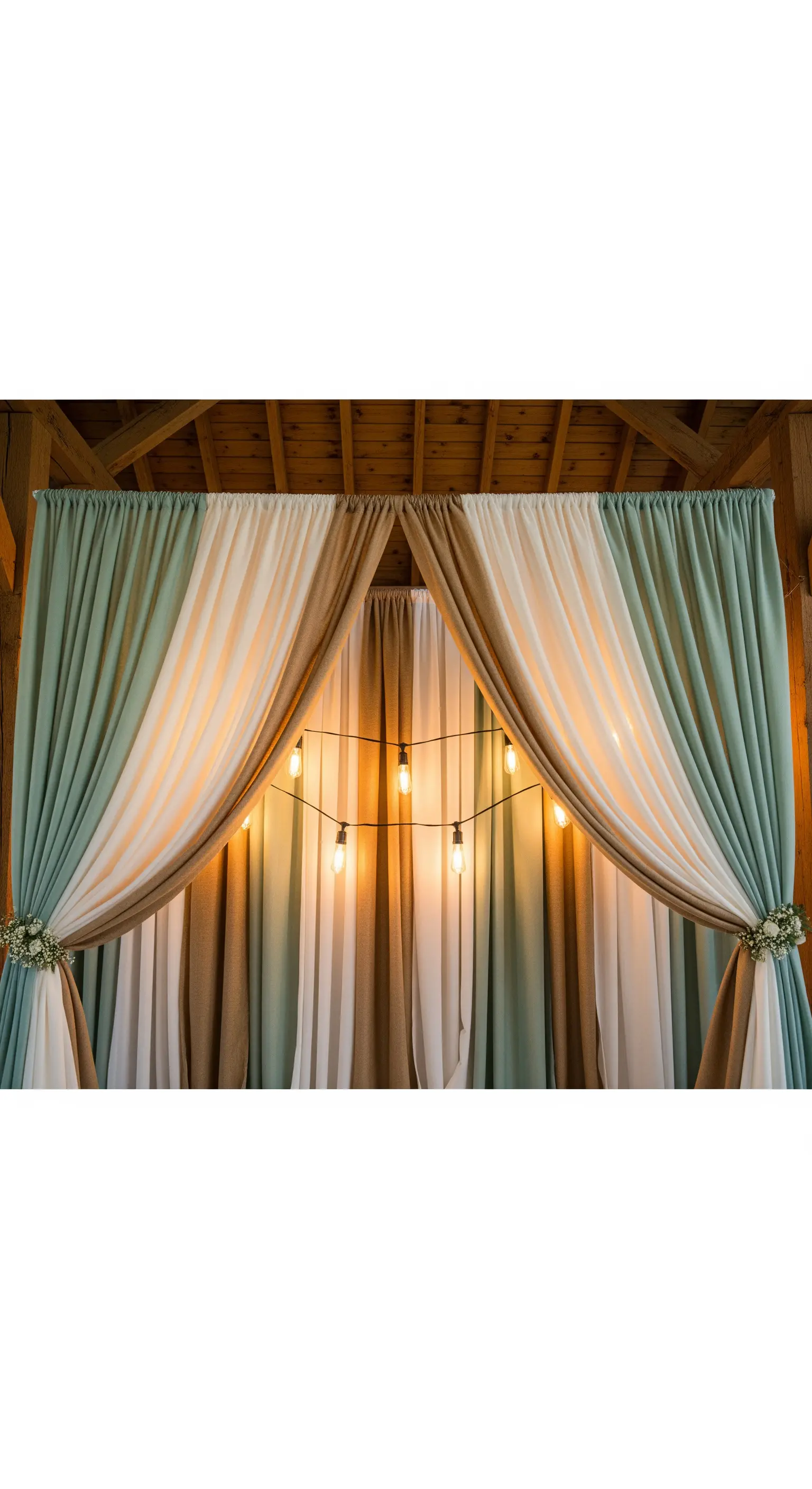 Drappeggio di tende in tessuto color salvia e juta con lampadine Edison al centro.