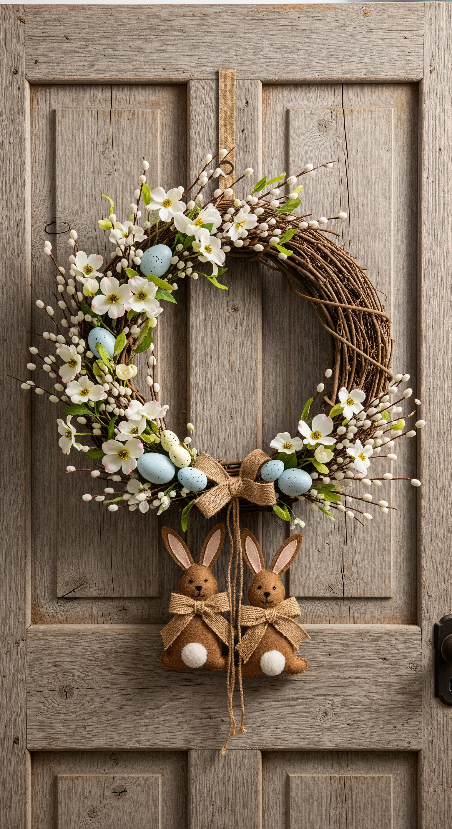 Ghirlanda pasquale rustica in vimini con fiori bianchi, uova azzurre e coniglietti di juta.