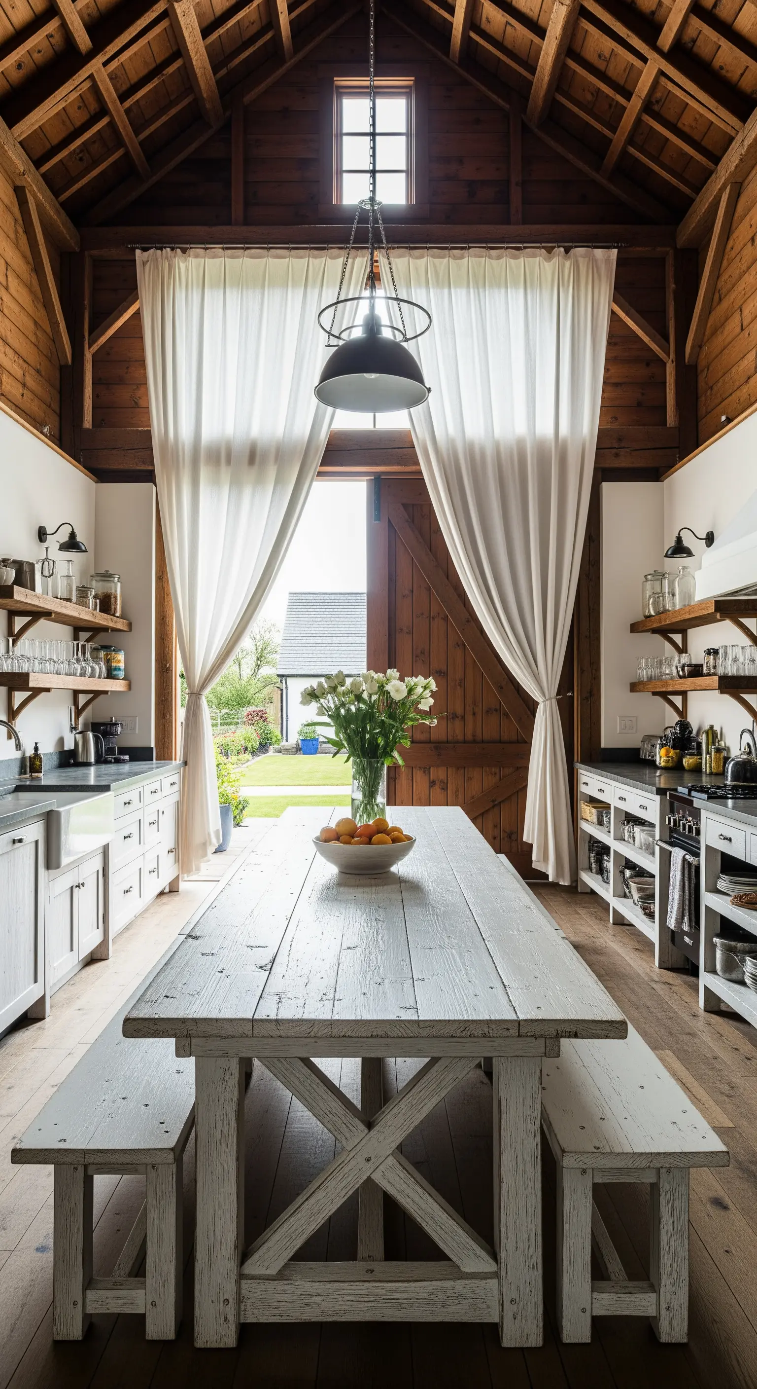 Cucina rustica in un fienile con tavolo in legno decapato e tende di lino.