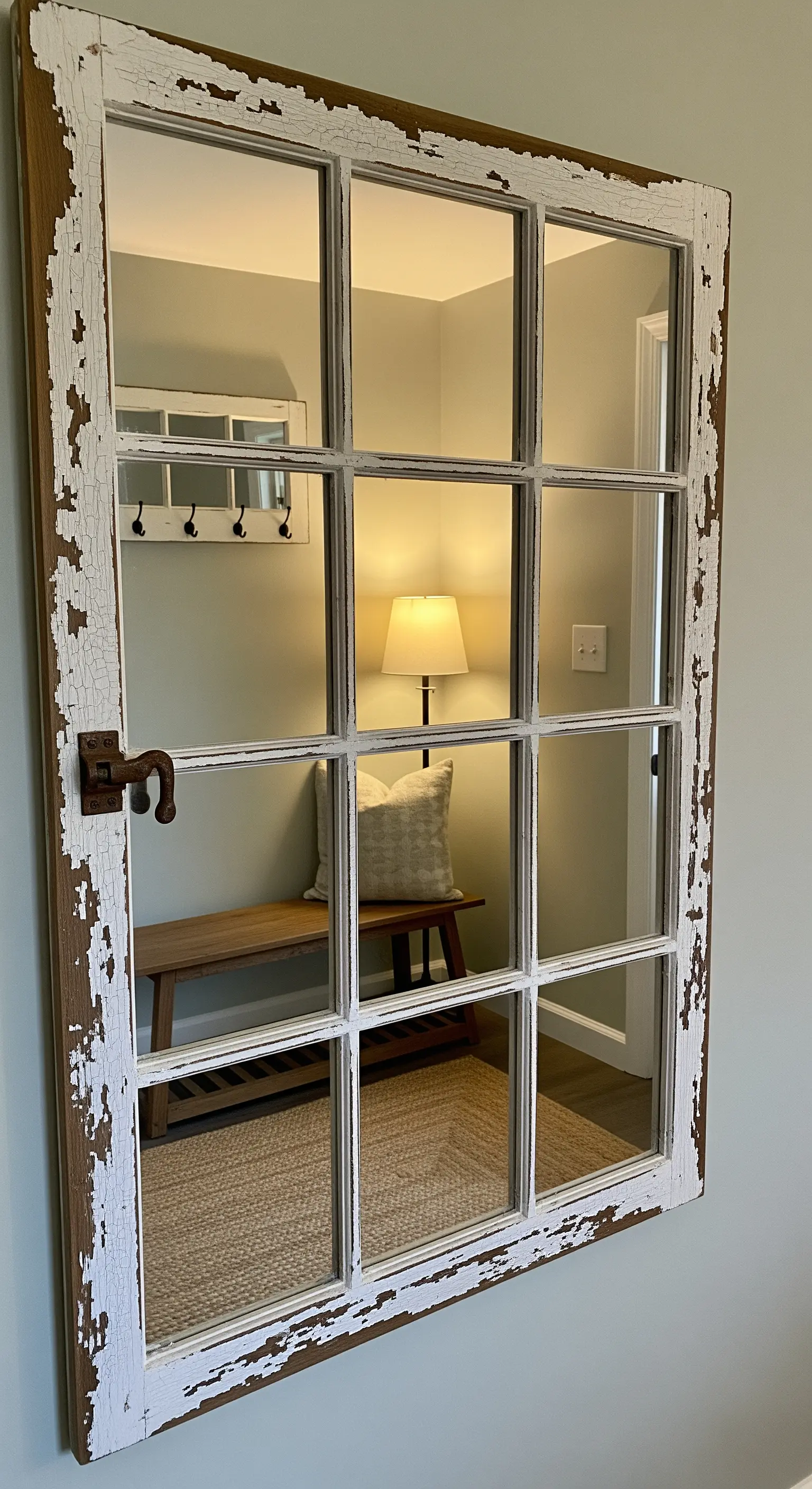 Vecchia finestra bianca con vernice scrostata trasformata in specchio per un ingresso.