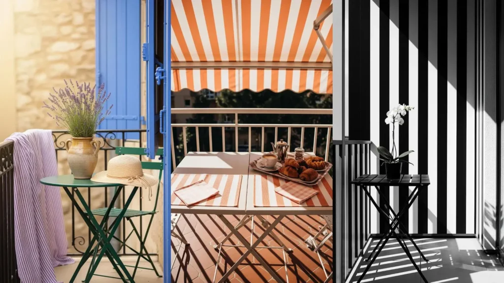 Balconi eleganti con tende a righe vivaci e tavolini pieghevoli in ferro, perfetti per ottimizzare lo spazio esterno.