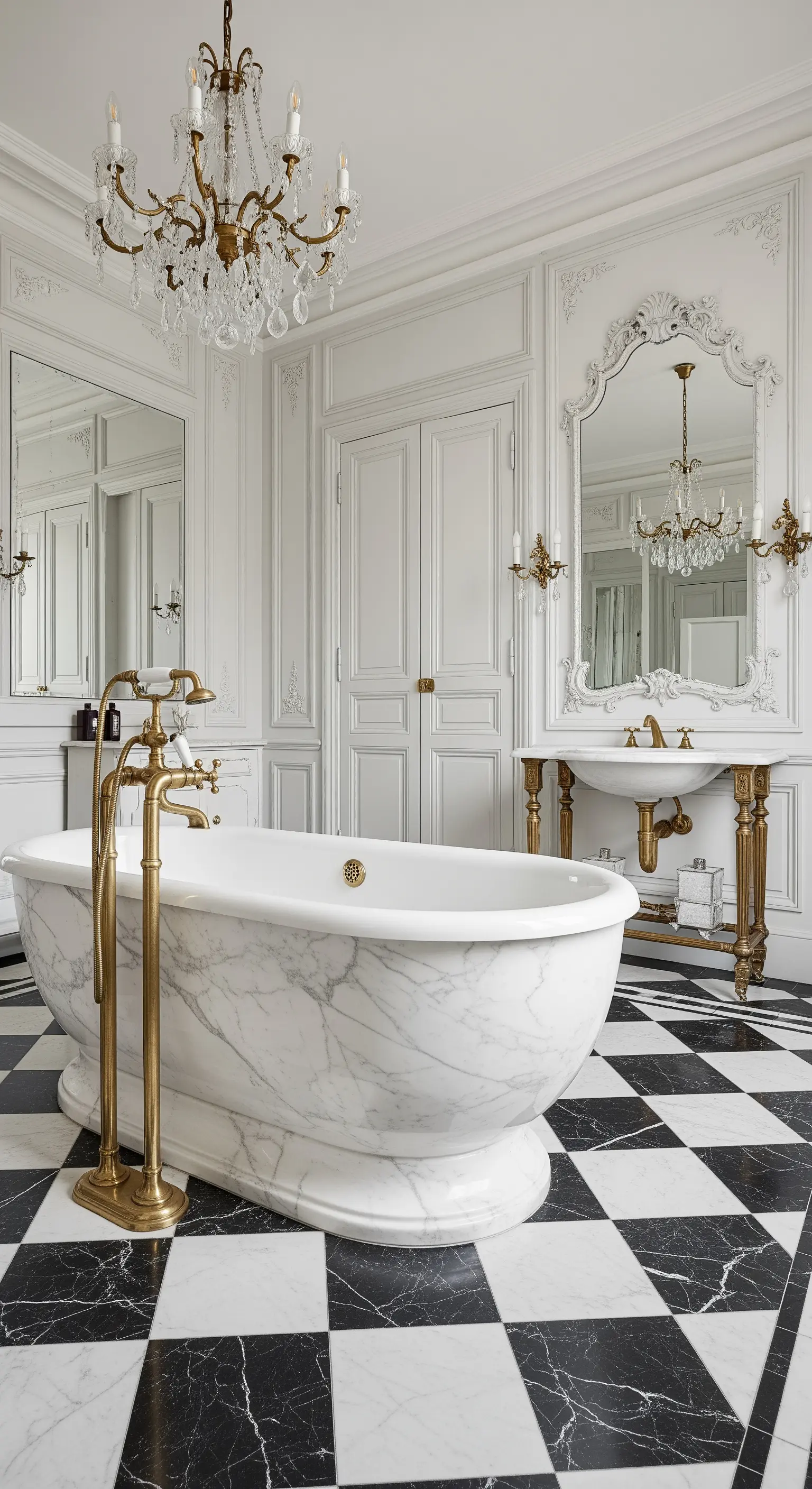 Bagno classico con vasca in marmo, pavimento a scacchi e rubinetteria in ottone dorato.