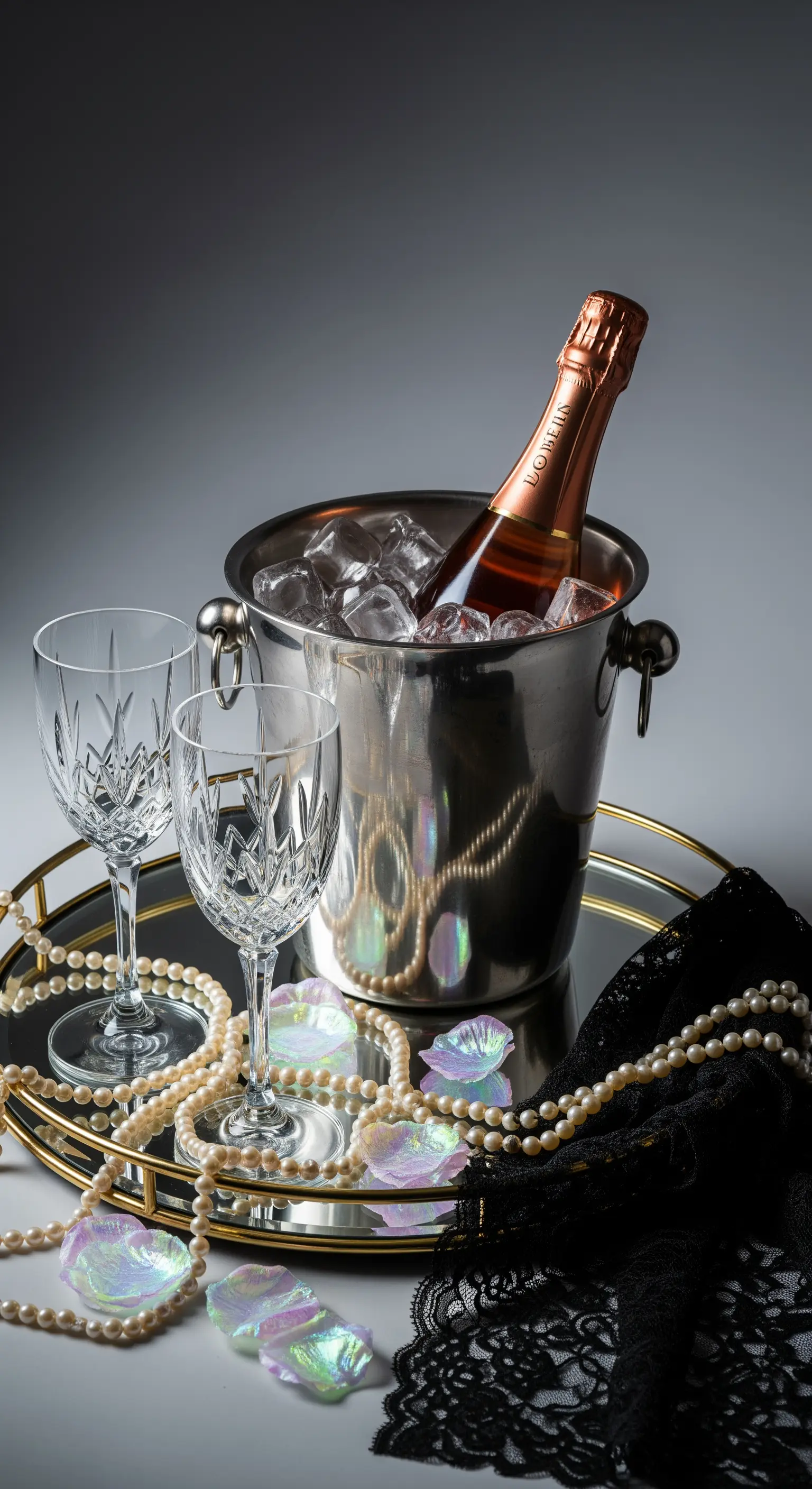 Vassoio con champagne in un secchiello, bicchieri di cristallo, perle e pizzo nero.