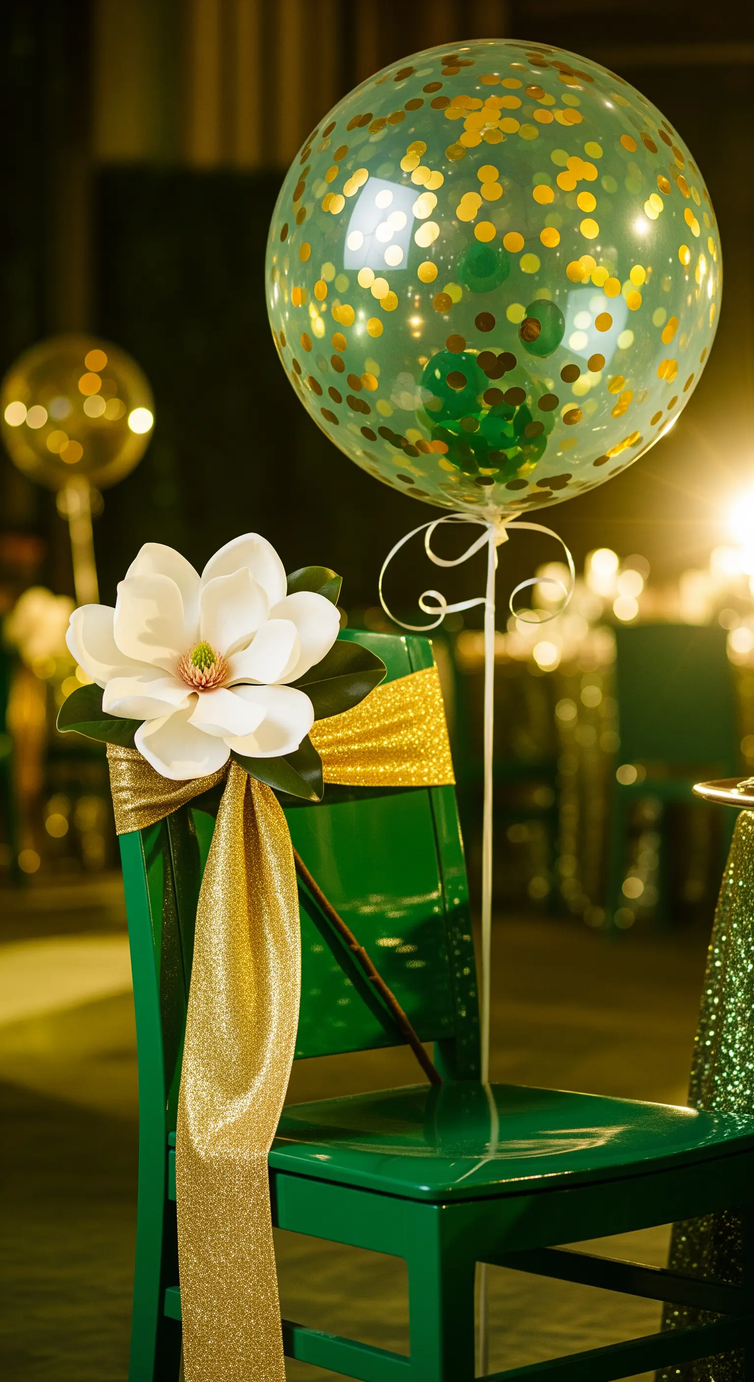 Sedia verde smeraldo con fascia dorata scintillante, fiore di magnolia e palloncino con coriandoli.