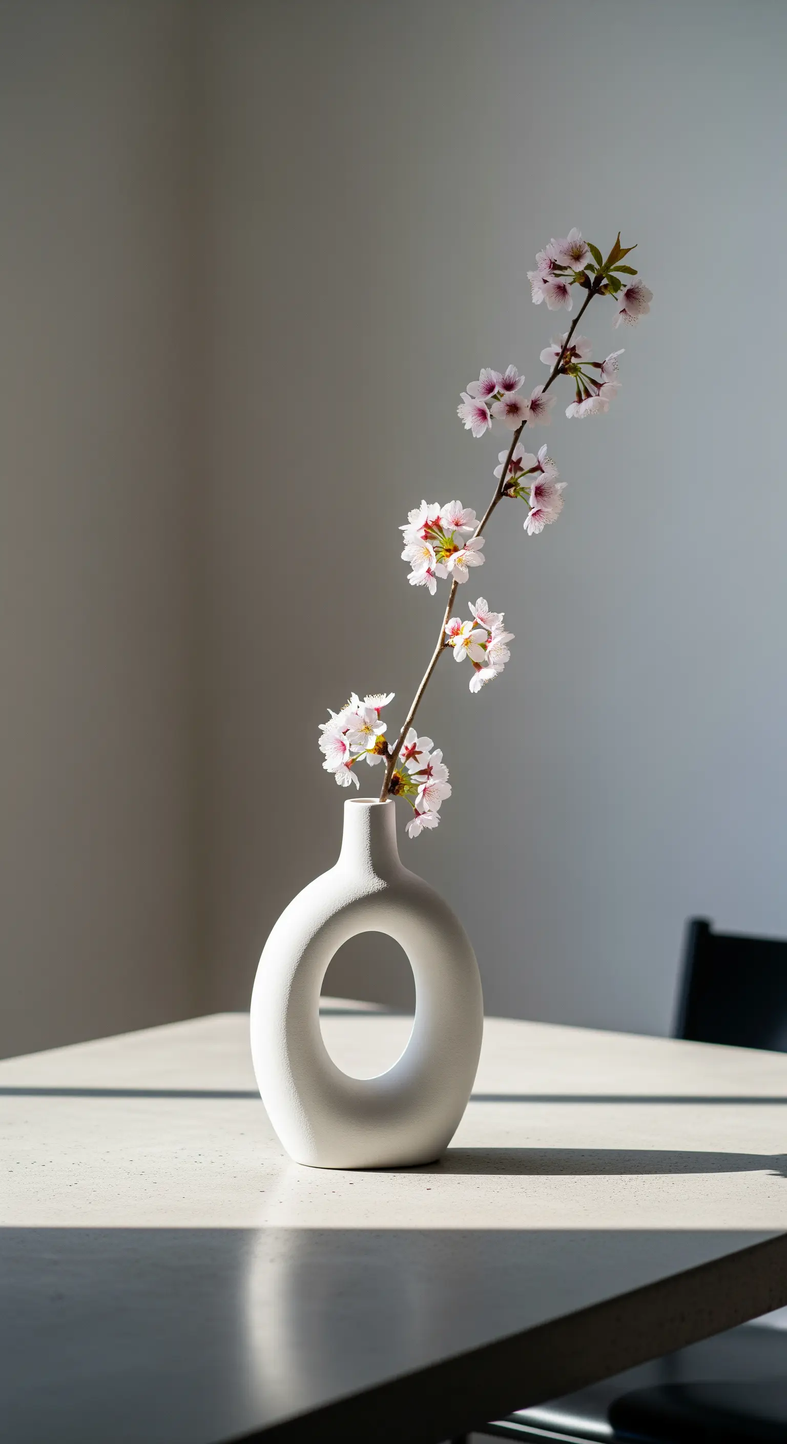 Un solo ramo di fiori di ciliegio in un vaso di ceramica bianca dal design moderno.