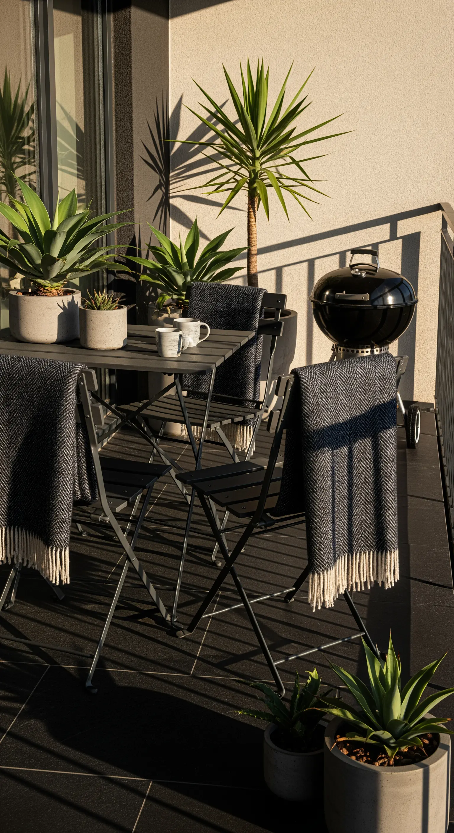 Balcone moderno con arredi neri, piastrelle scure, coperte e piante grasse.