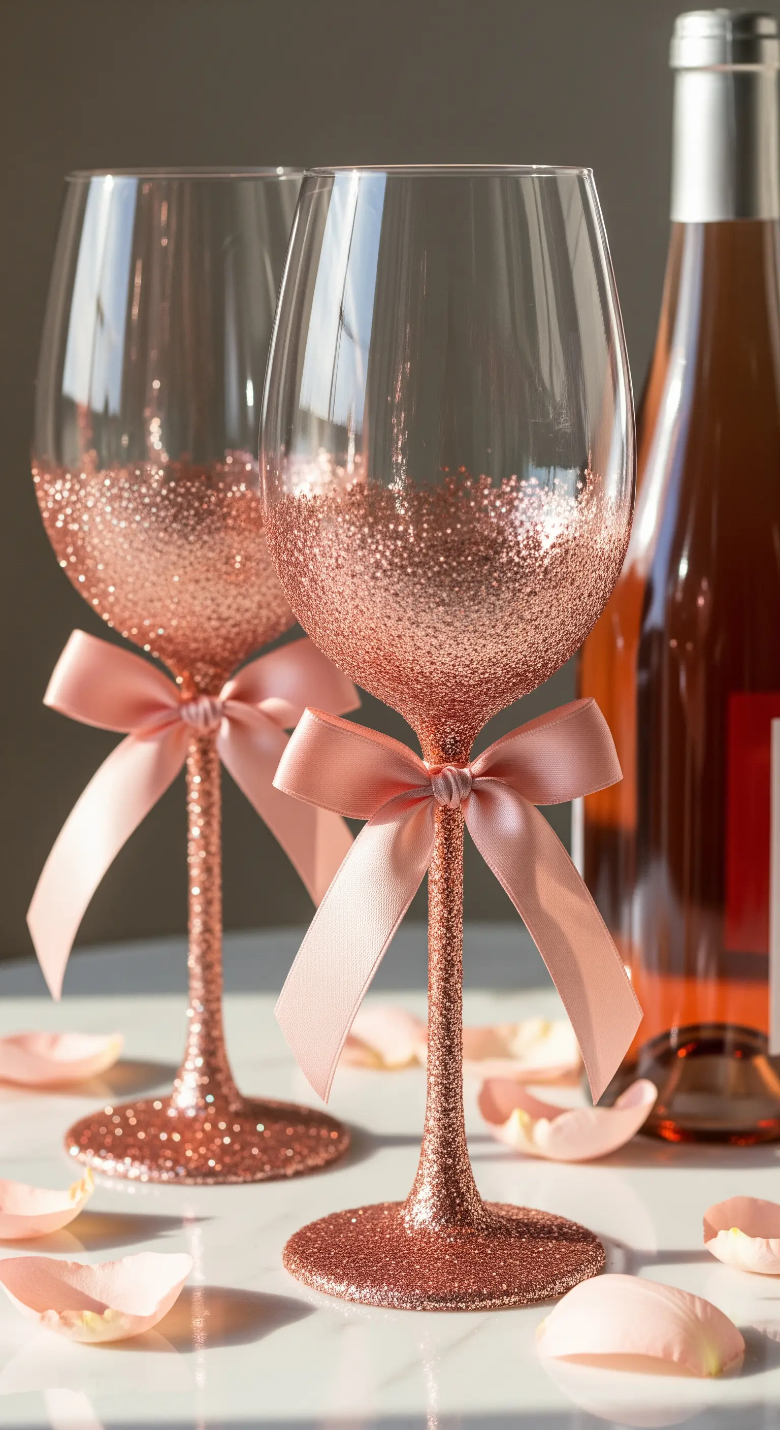 Calici da vino decorati con glitter oro rosa e fiocchi di raso abbinati.