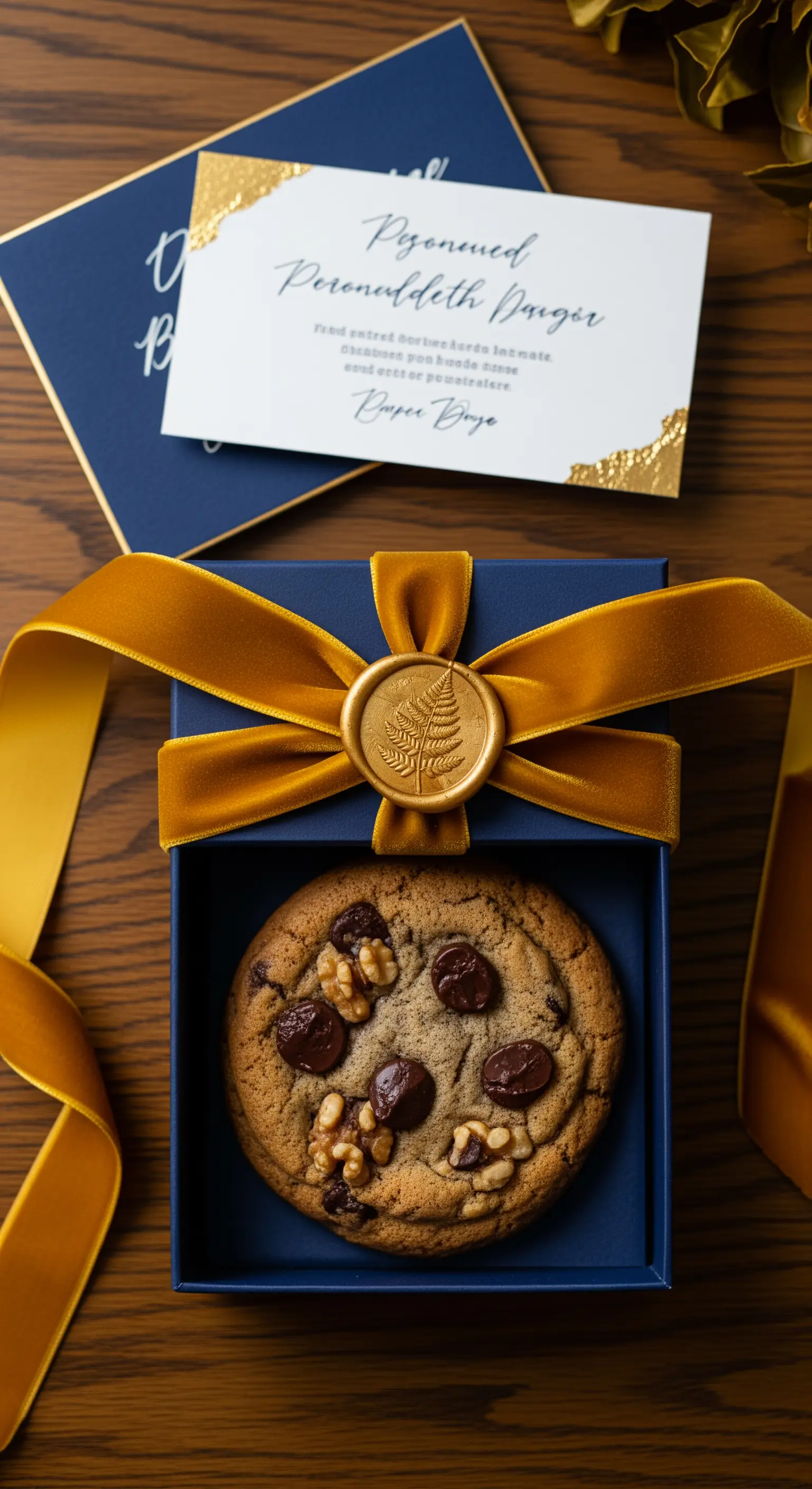 Biscotto con gocce di cioccolato in scatola blu notte, chiuso con nastro di velluto e sigillo in ceralacca.