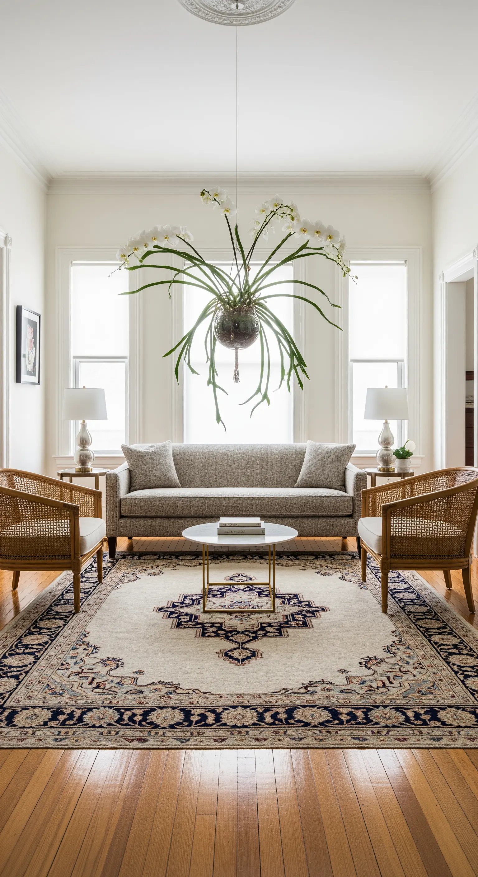 Salotto simmetrico con un'orchidea bianca sospesa al centro della stanza, tra due poltrone in rattan.