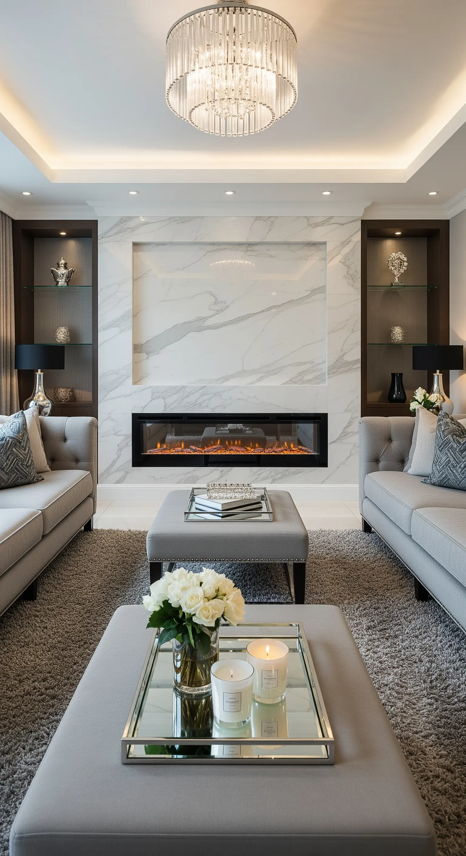 Soggiorno elegante e simmetrico con camino in marmo e due divani grigi.