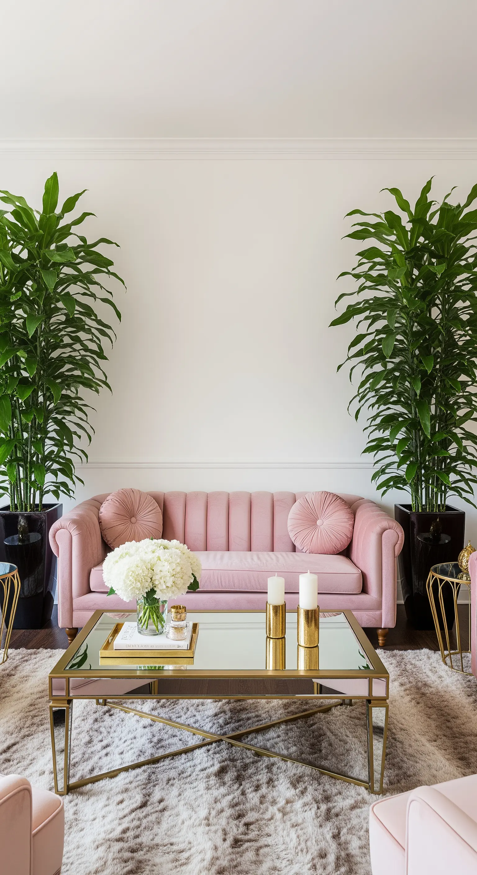 Due alte piante di Dracena incorniciano un divano rosa in un soggiorno elegante.