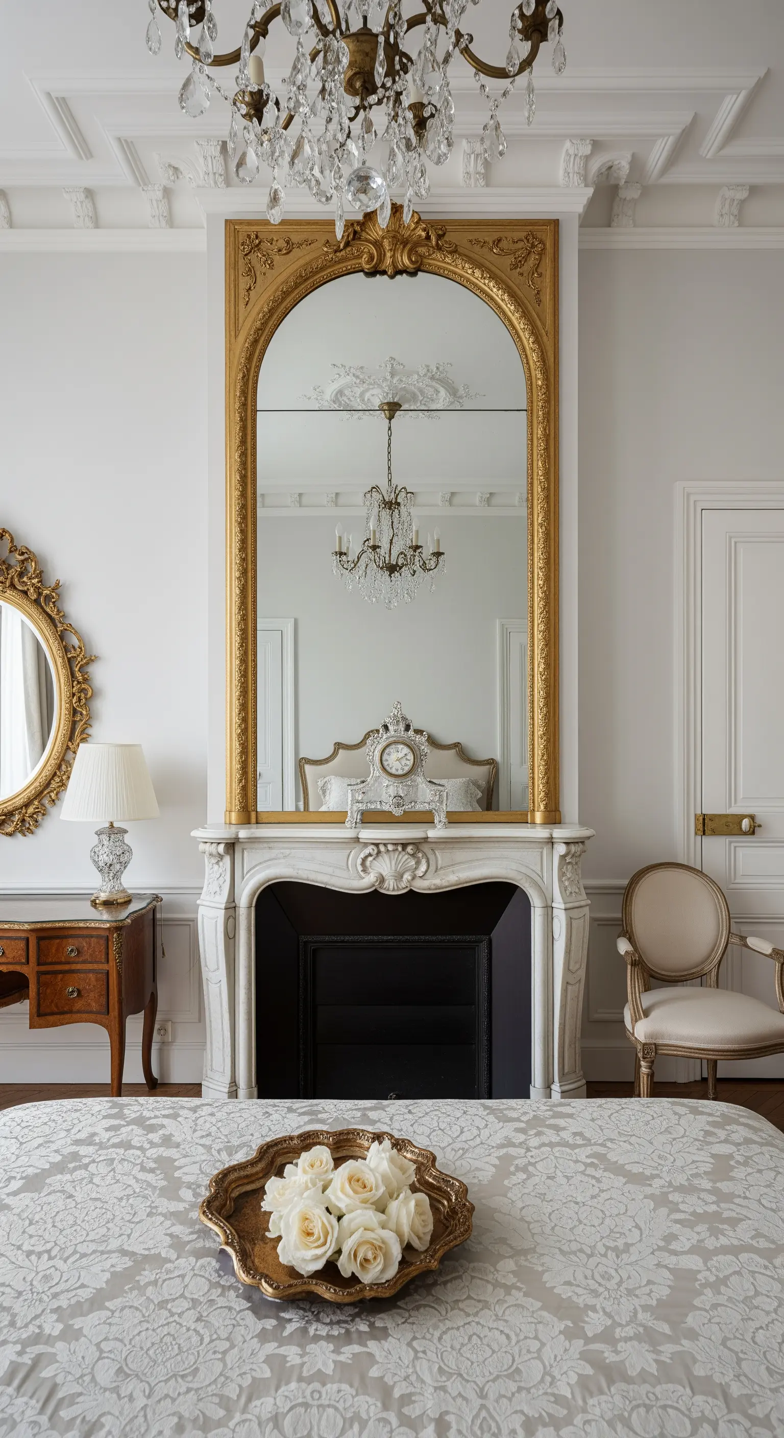 Grande specchio con cornice dorata sopra un camino in marmo in una camera da letto parigina.