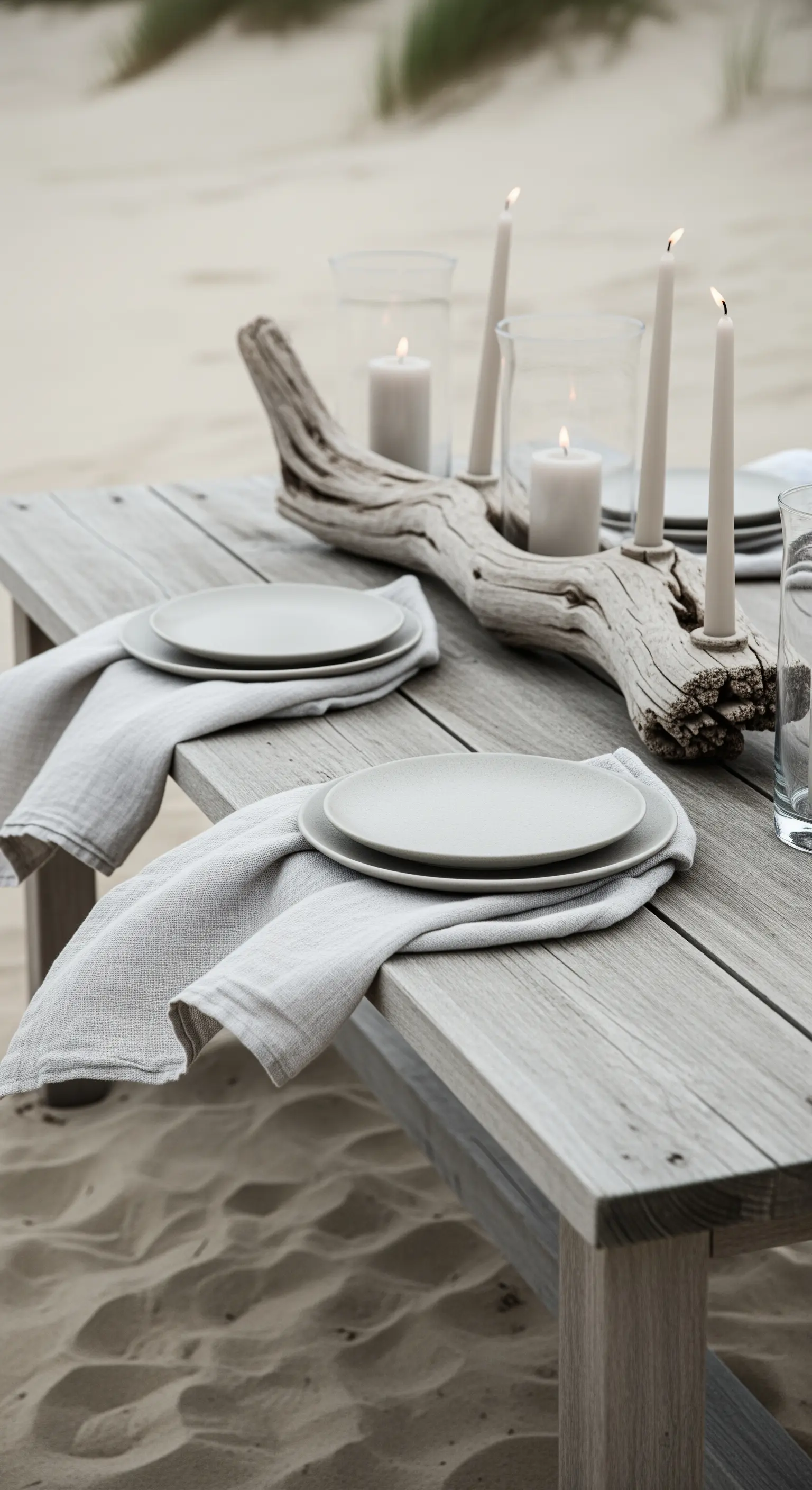 Tavola in legno grigio sulla sabbia, con un centrotavola di legno marino che funge da portacandele.