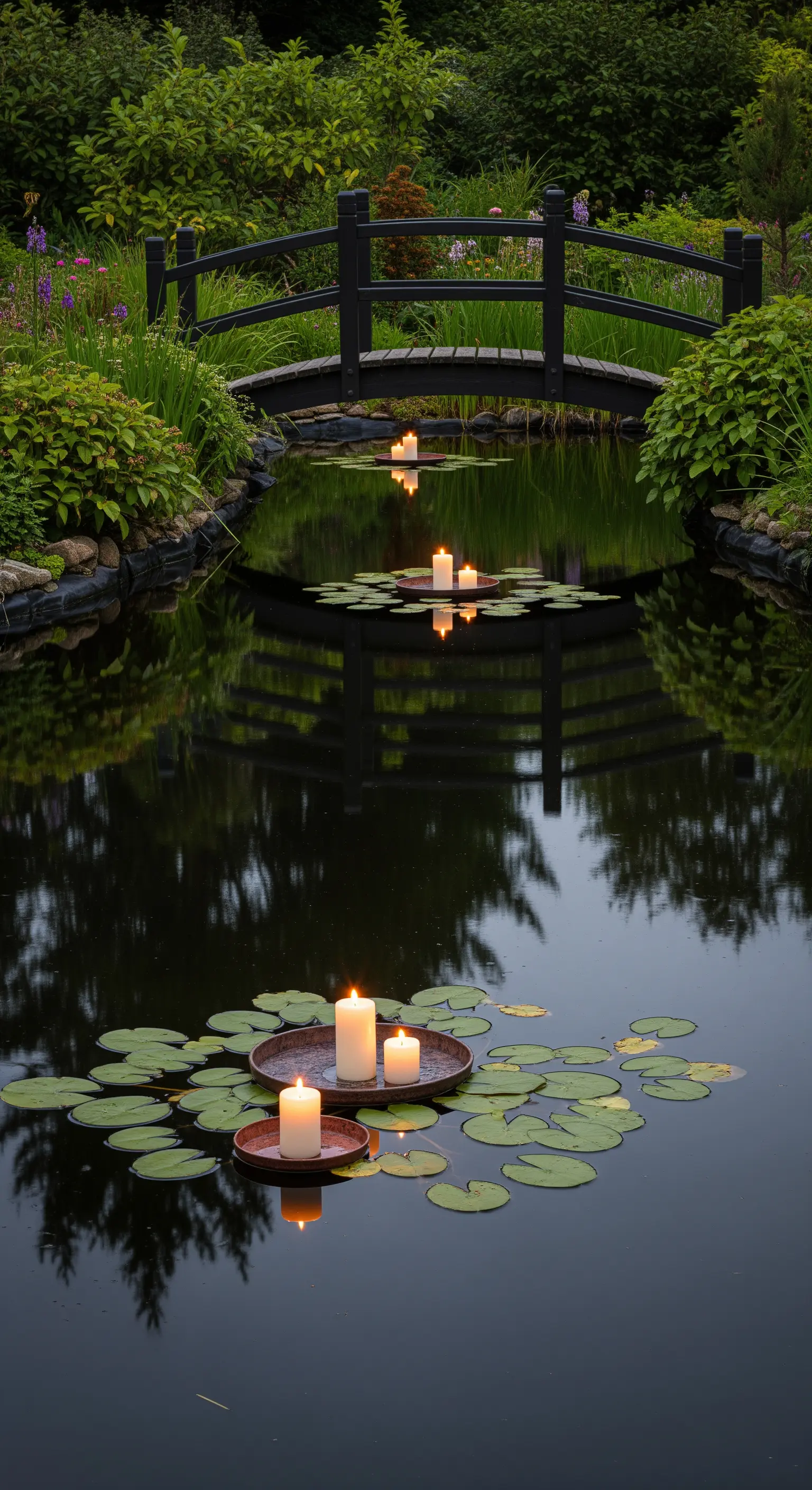 Laghetto con ninfee, ponte scuro e vassoi galleggianti con candele di diverse altezze.