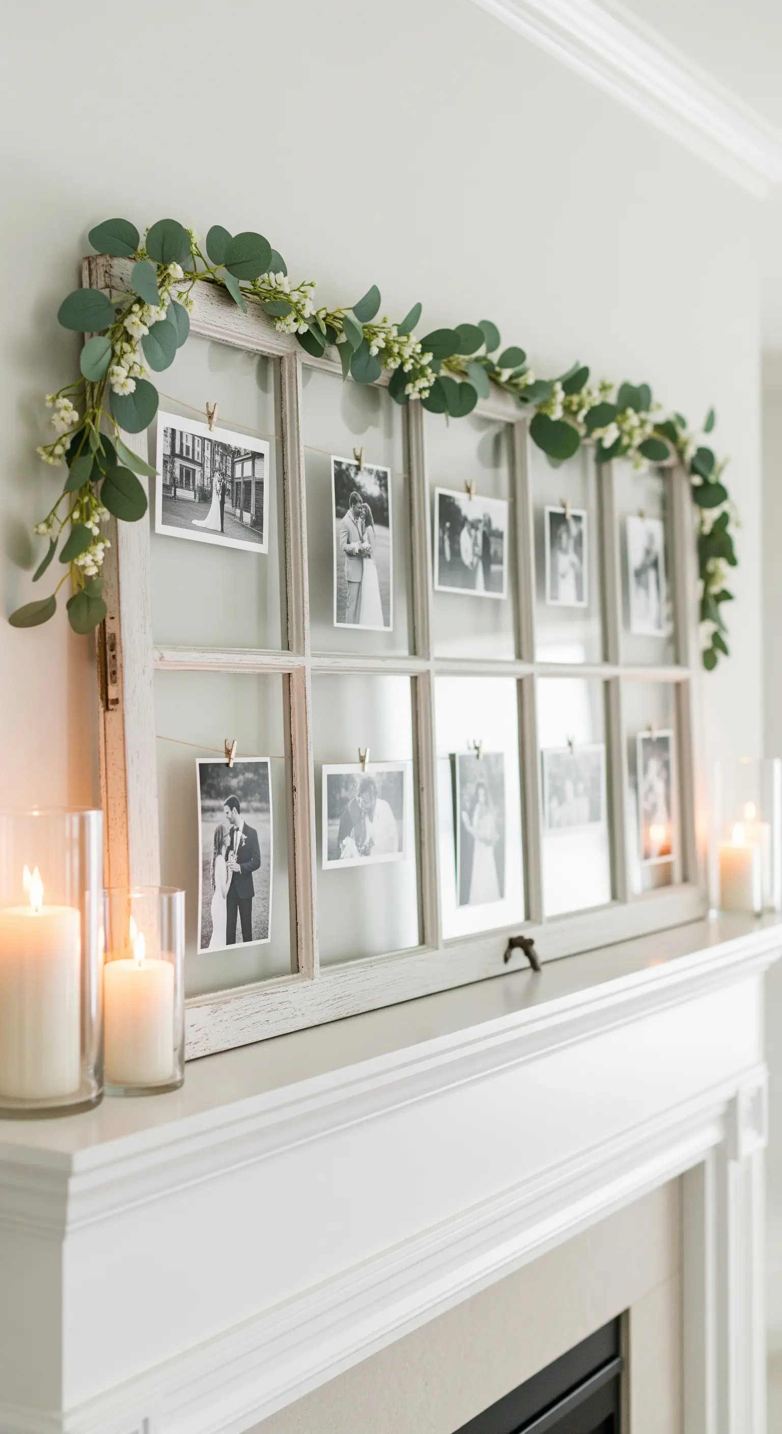 Finestra bianca decorata con una ghirlanda di eucalipto, appoggiata sulla mensola del camino.