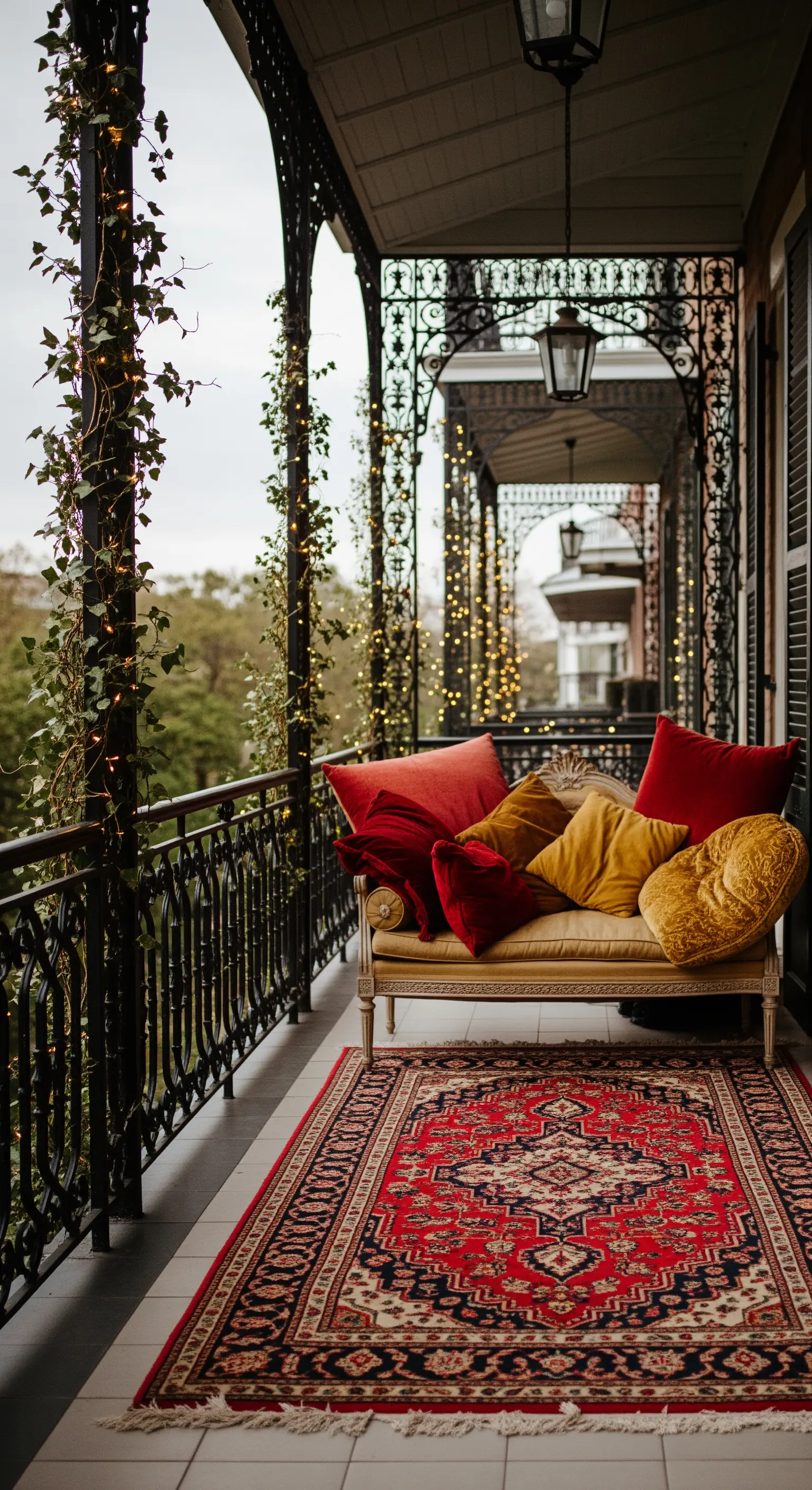 Balcone in ferro battuto con divanetto, cuscini in velluto e tappeto persiano.