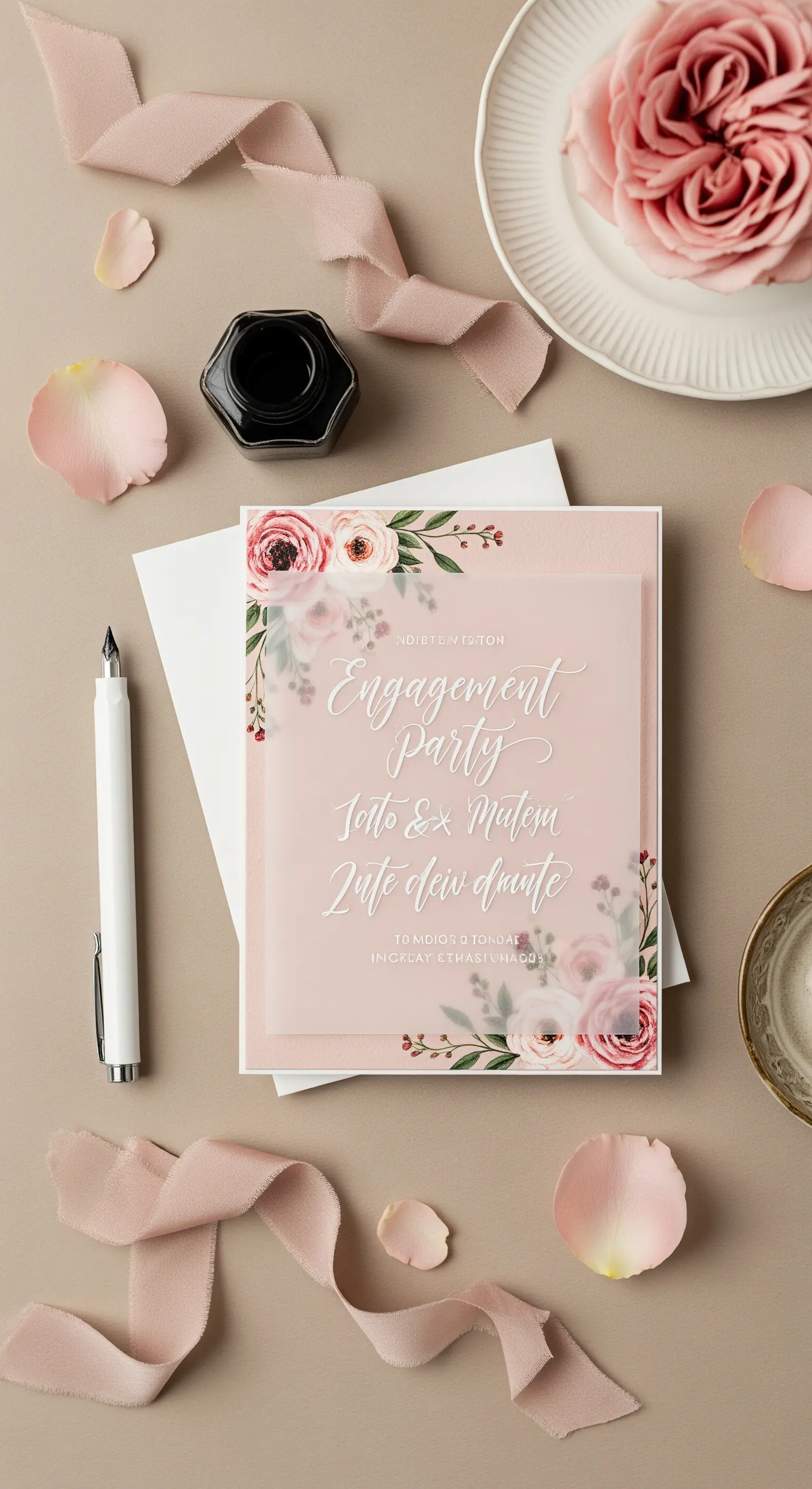 Invito per una festa di fidanzamento con fiori e un foglio di pergamena sovrapposto.