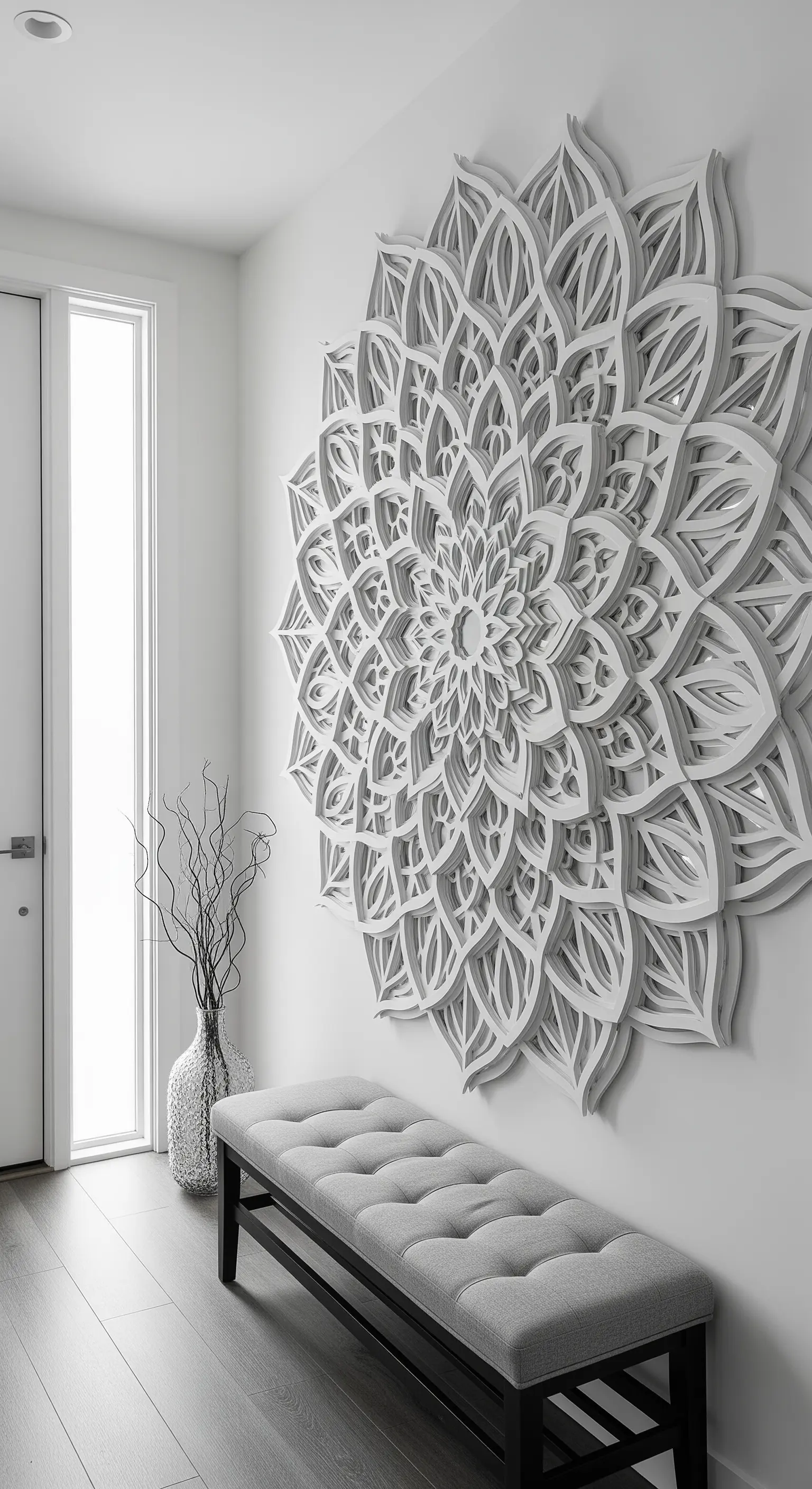 Grande mandala 3D bianco a strati appeso a una parete chiara in un ingresso moderno.