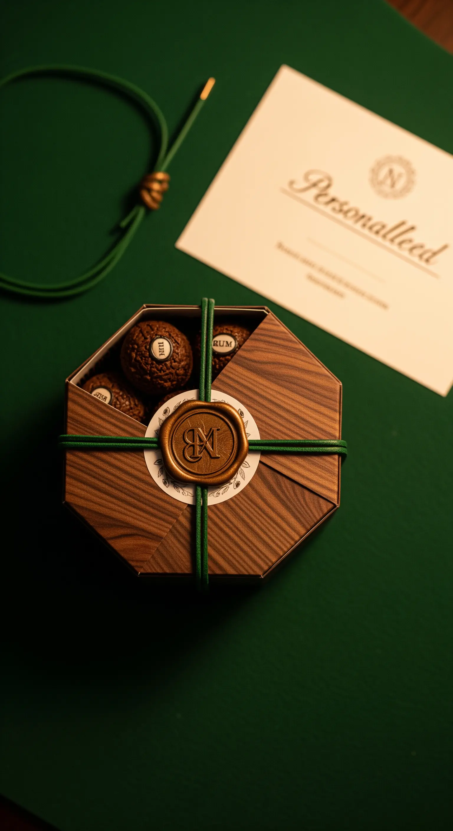 Cioccolatini in una scatola ottagonale effetto legno, chiusa da un cordino e un sigillo in ceralacca.