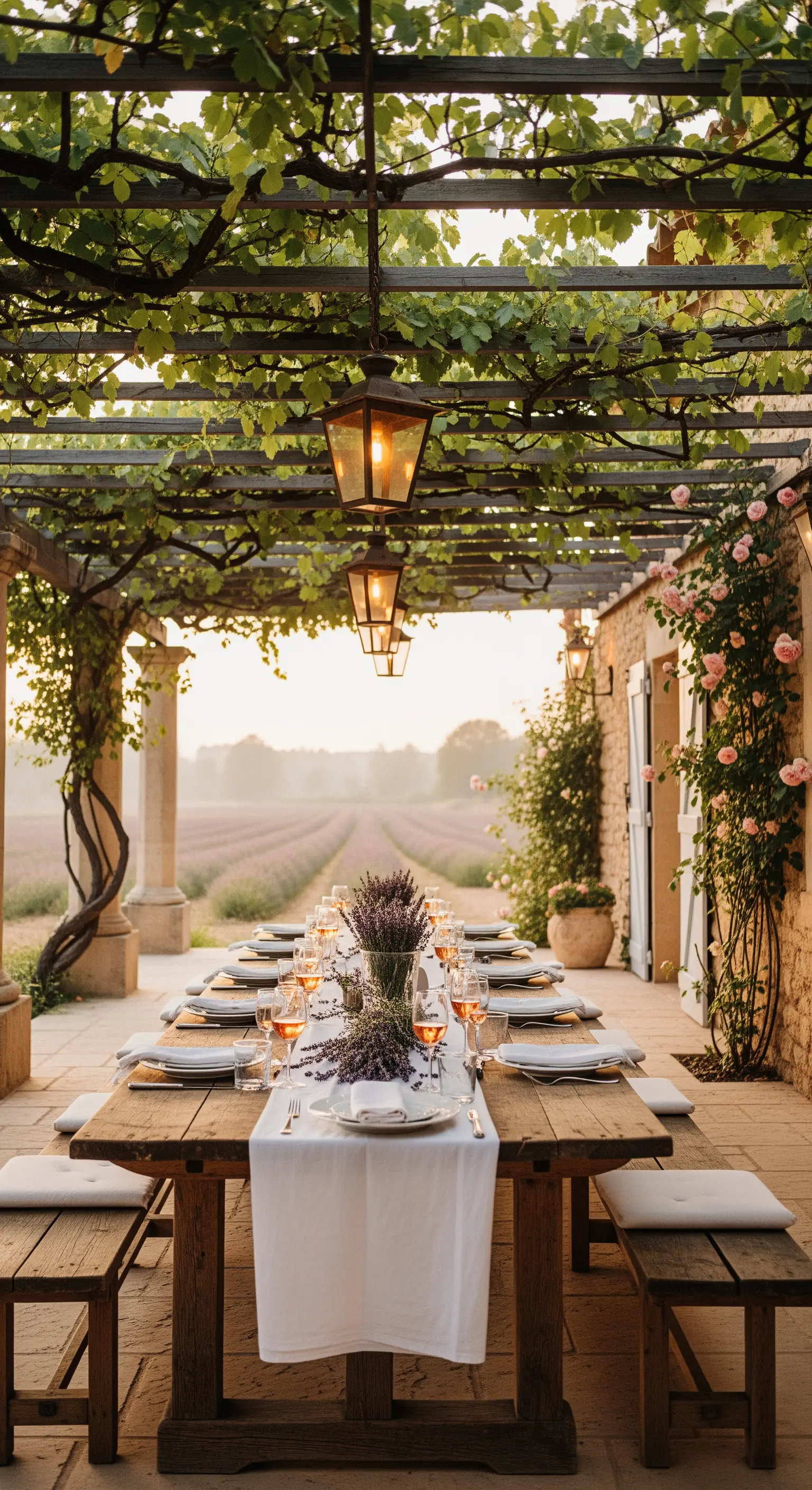 Tavola elegante allestita in una veranda con vista su un campo di lavanda