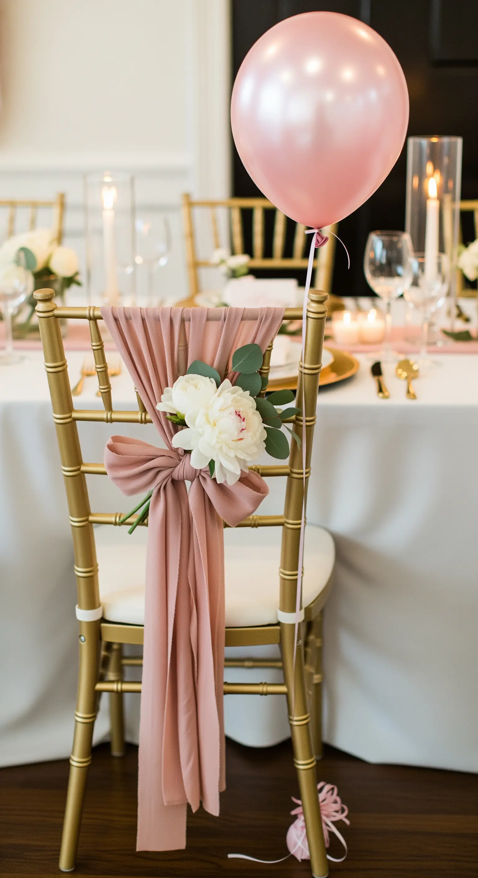 Sedia dorata decorata con drappo rosa, peonia bianca e palloncino per una festa elegante.