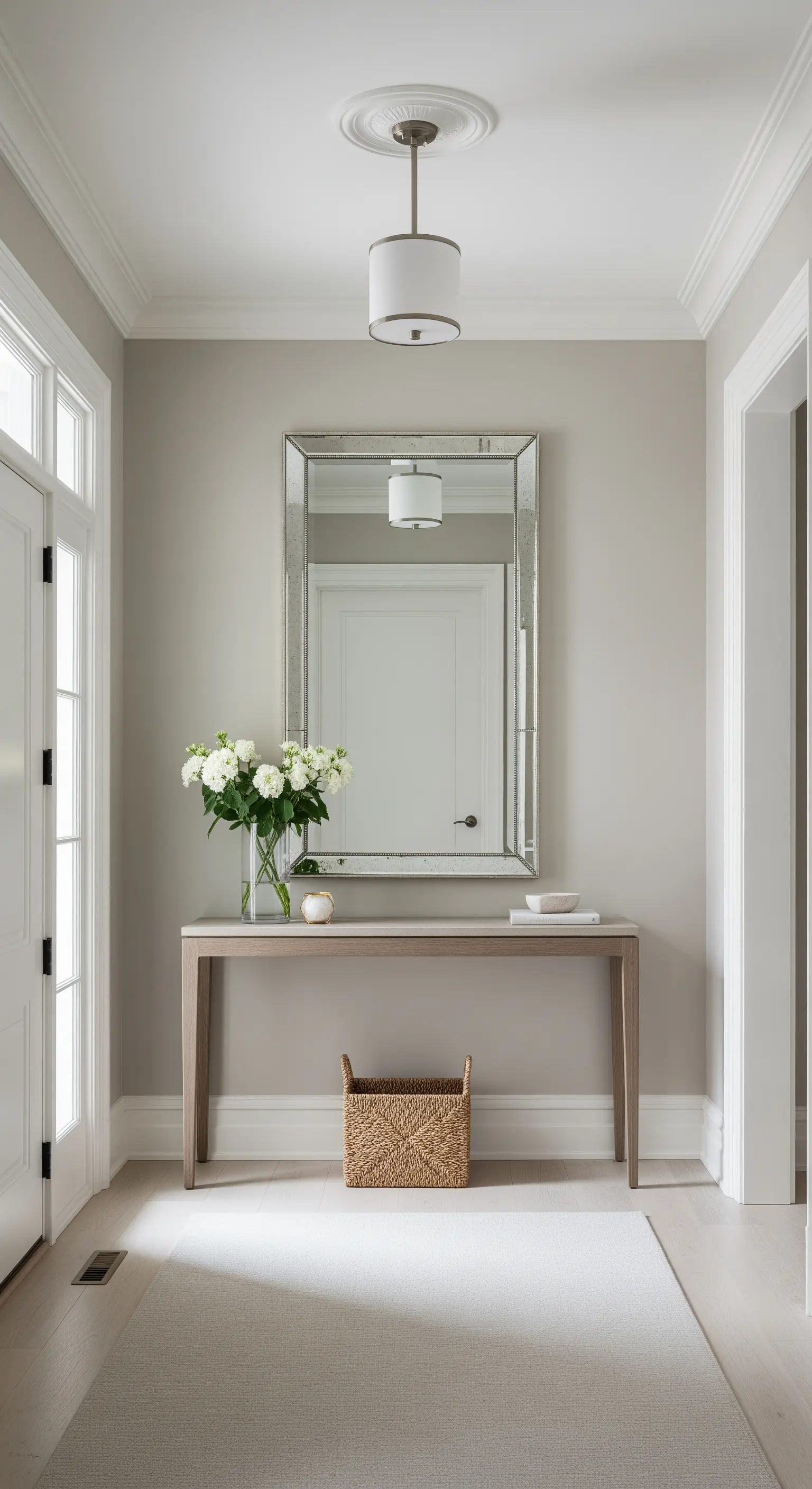 Ingresso in toni neutri con consolle minimalista, specchio con cornice argentata e tappeto chiaro.