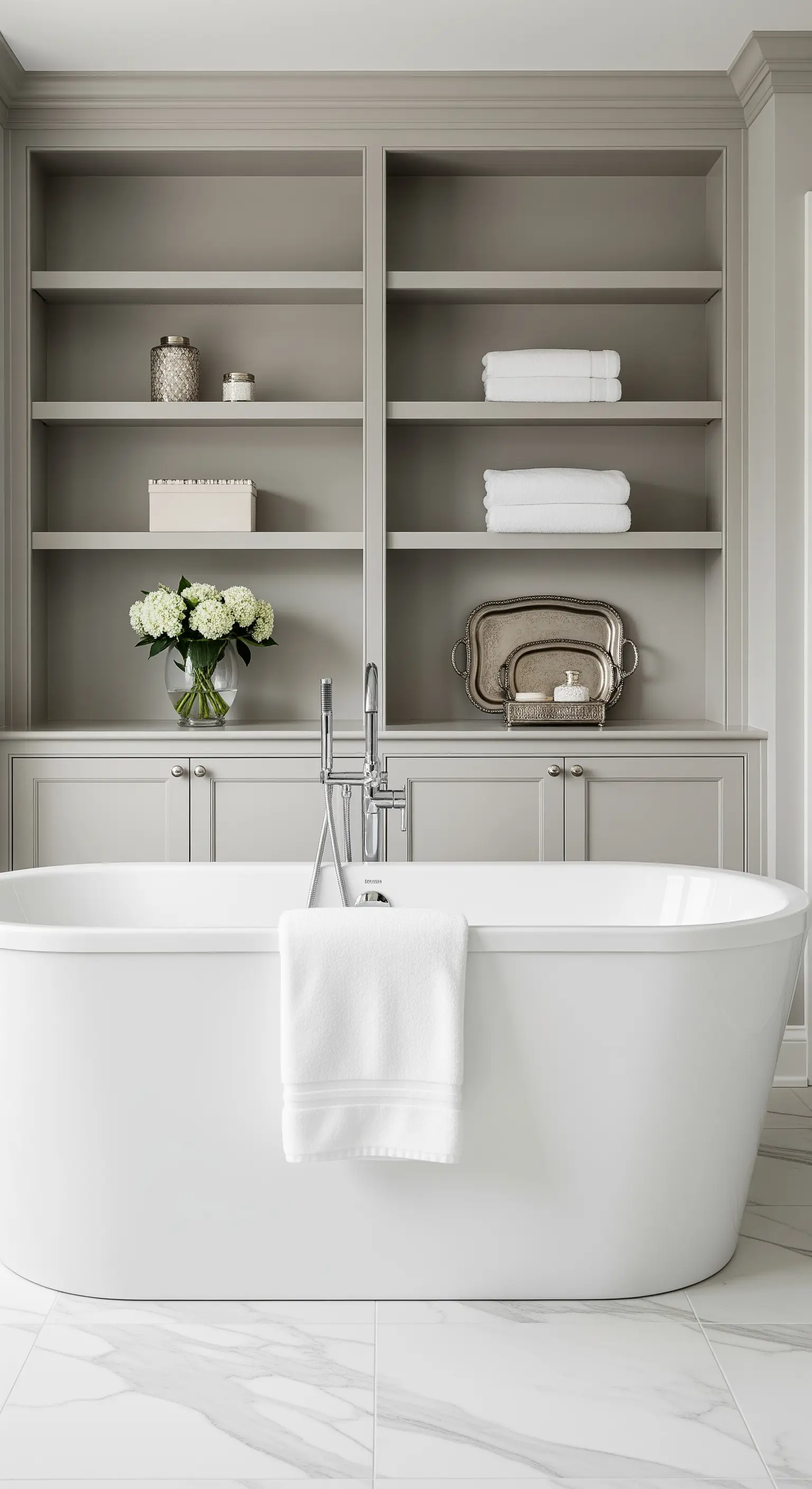 Libreria grigio tortora dietro una vasca da bagno bianca, con accessori eleganti e fiori.