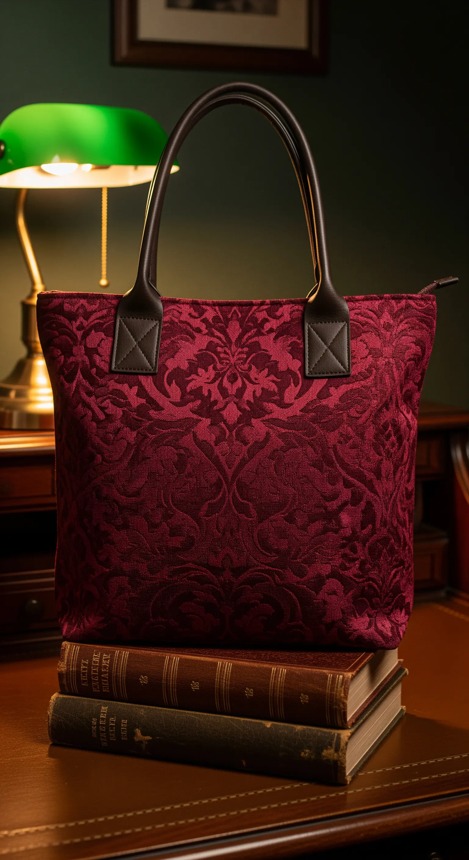 Borsa shopper in tessuto damascato color bordeaux con manici in pelle scura.
