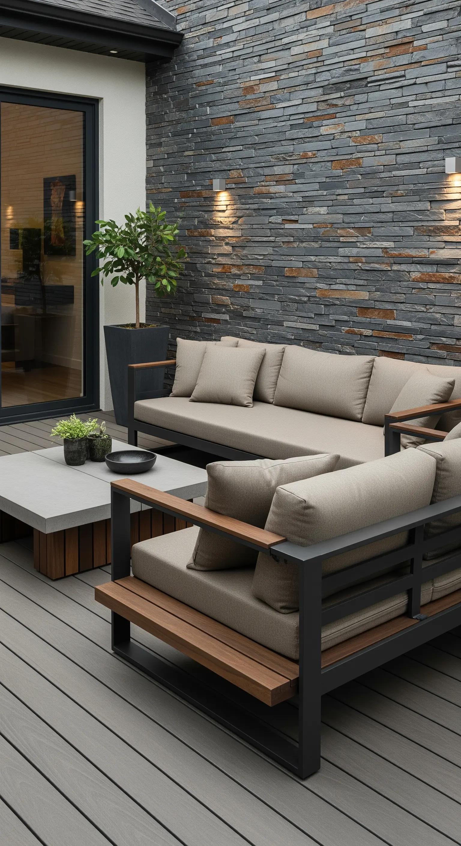 Patio con divani moderni, pavimento in composito grigio e parete di fondo in pietra.