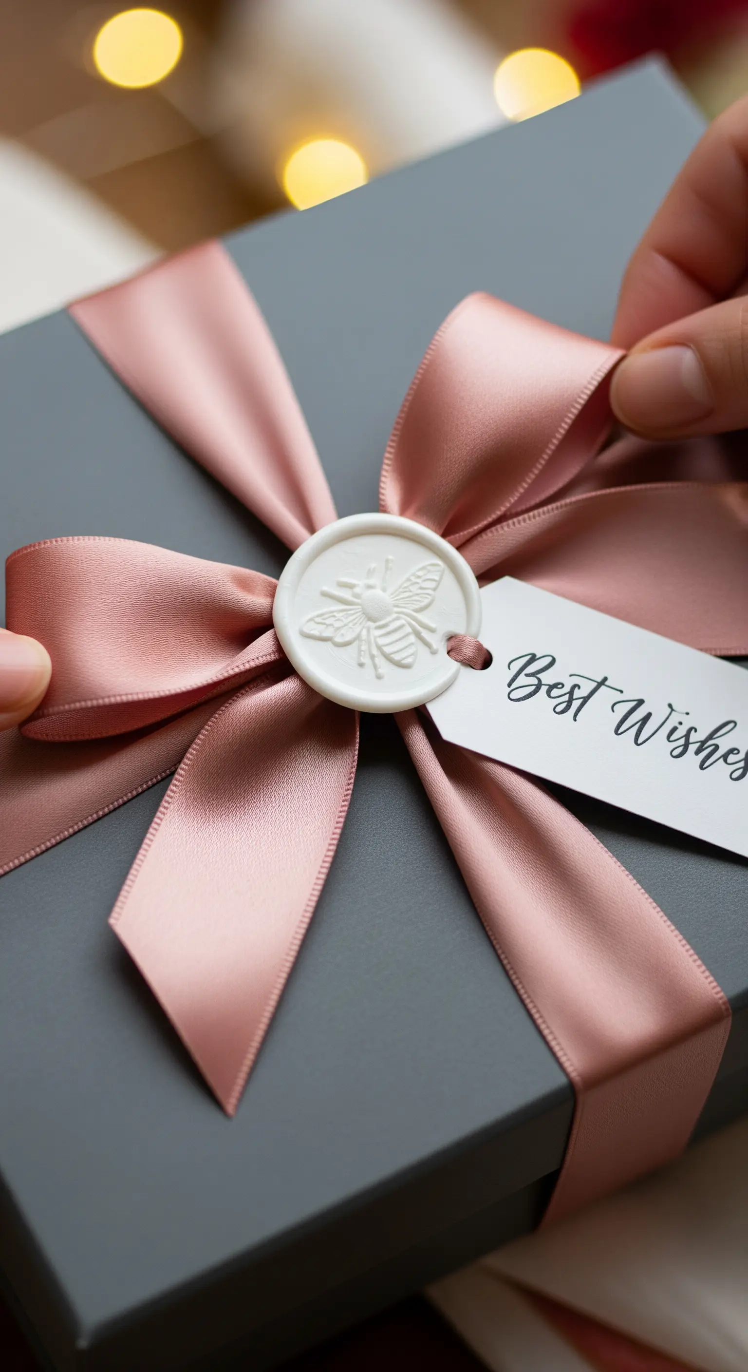 Scatola regalo grigia con un grande fiocco di raso rosa e un sigillo di ceralacca bianca.