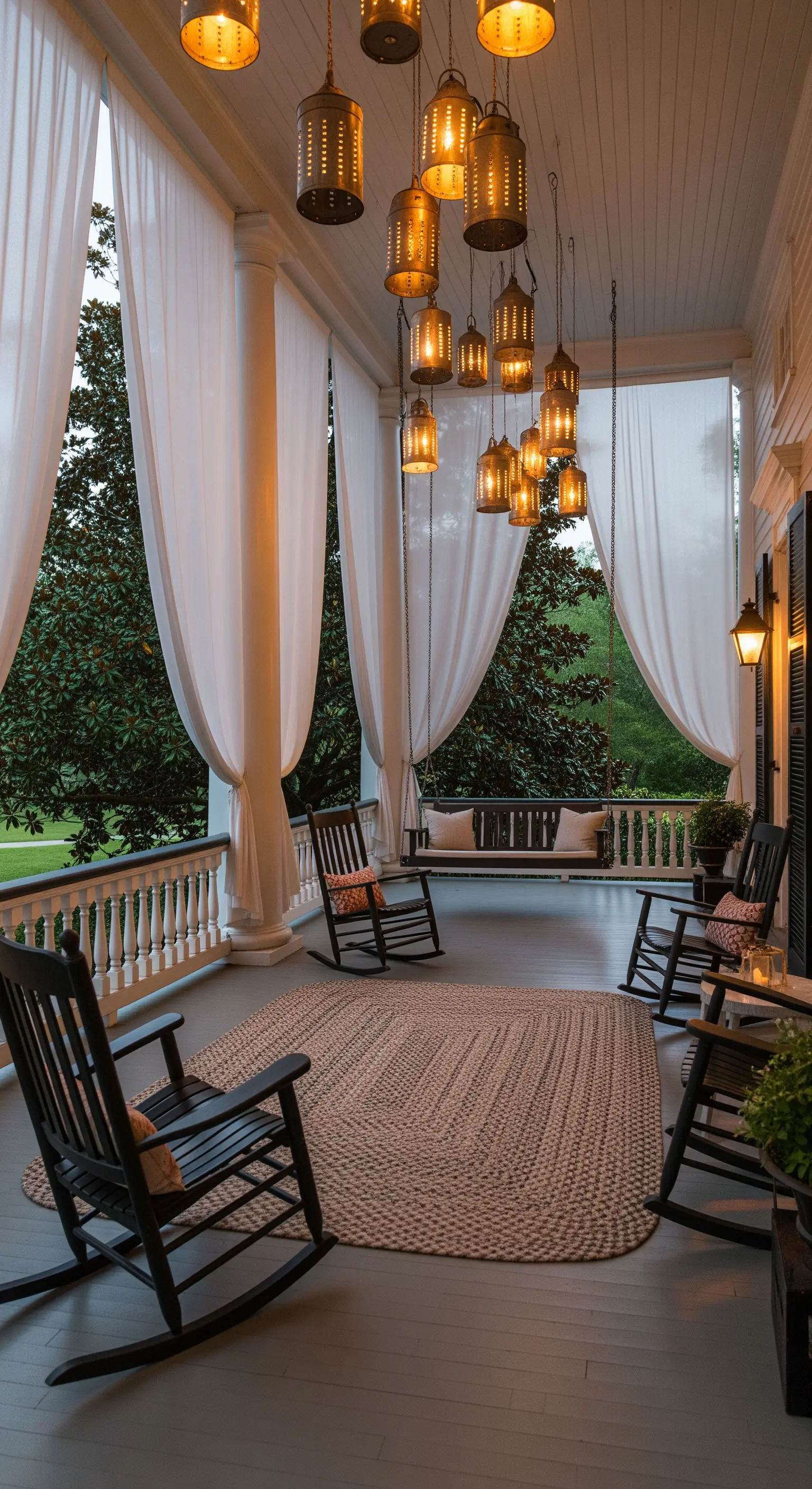 Grande portico con colonne, tende bianche, sedie a dondolo e un gruppo di lanterne sospese