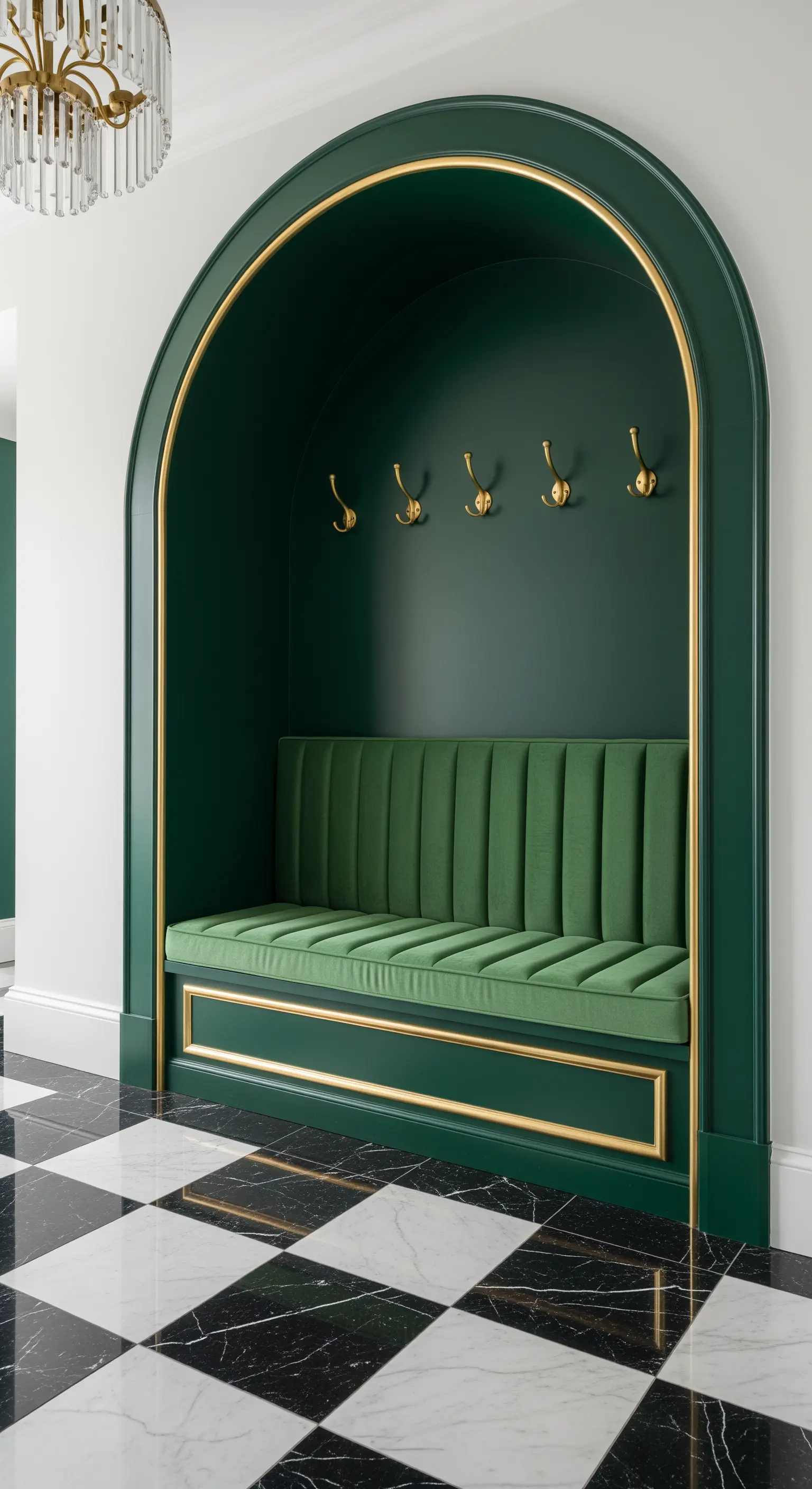 Nicchia ad arco verde scuro con panca in velluto e profili dorati su pavimento a scacchi.