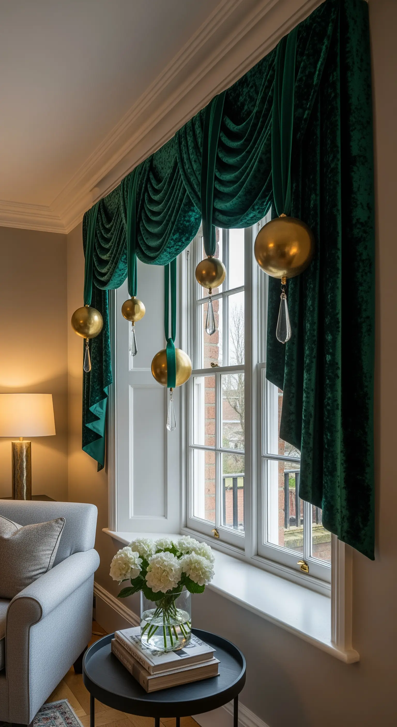 Tende in velluto verde scuro decorate con grandi ornamenti sferici dorati.