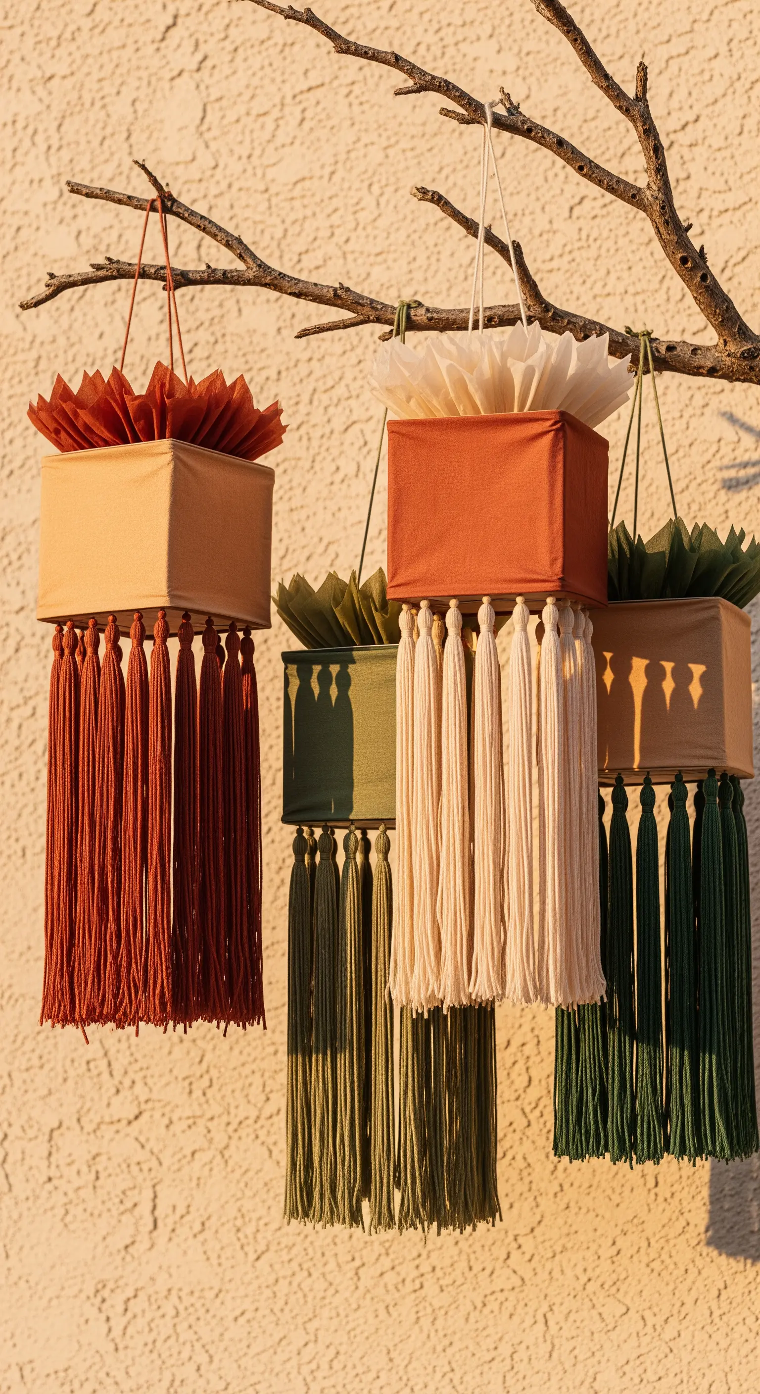 Lanterne squadrate rivestite in tessuto colorato con lunghe nappe, appese a un ramo.