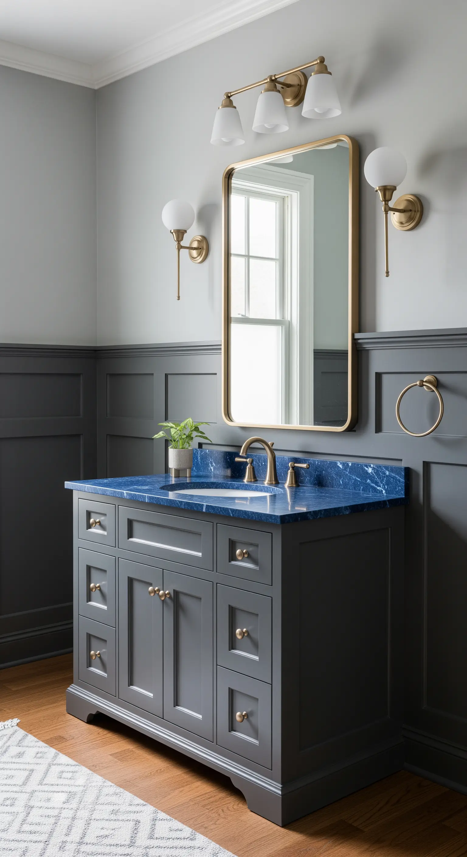 Mobile da bagno grigio scuro con top in marmo blu e boiserie coordinata.