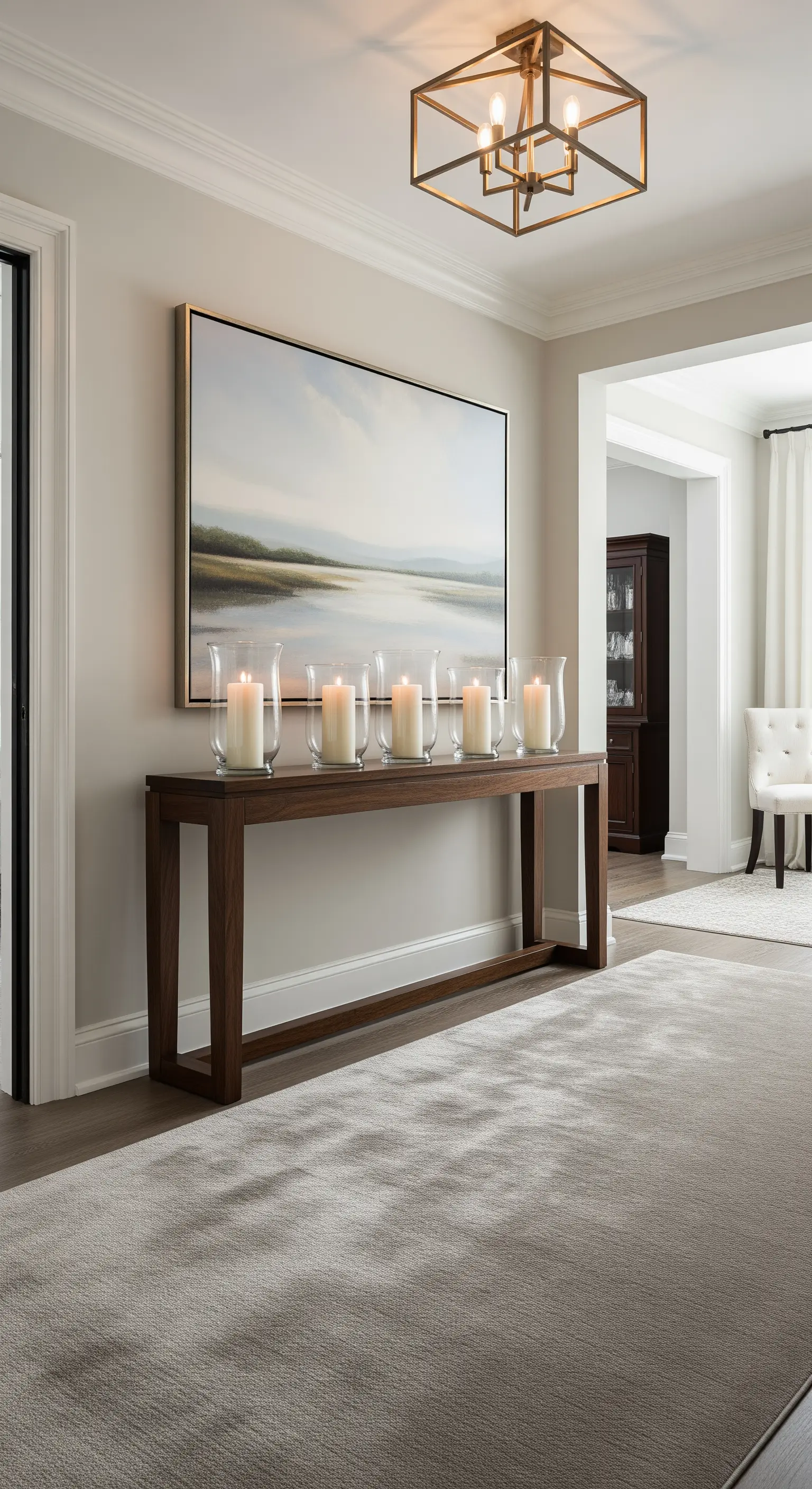 Ingresso elegante con consolle in legno scuro, cinque grandi candele in vasi di vetro e un tappeto grigio.